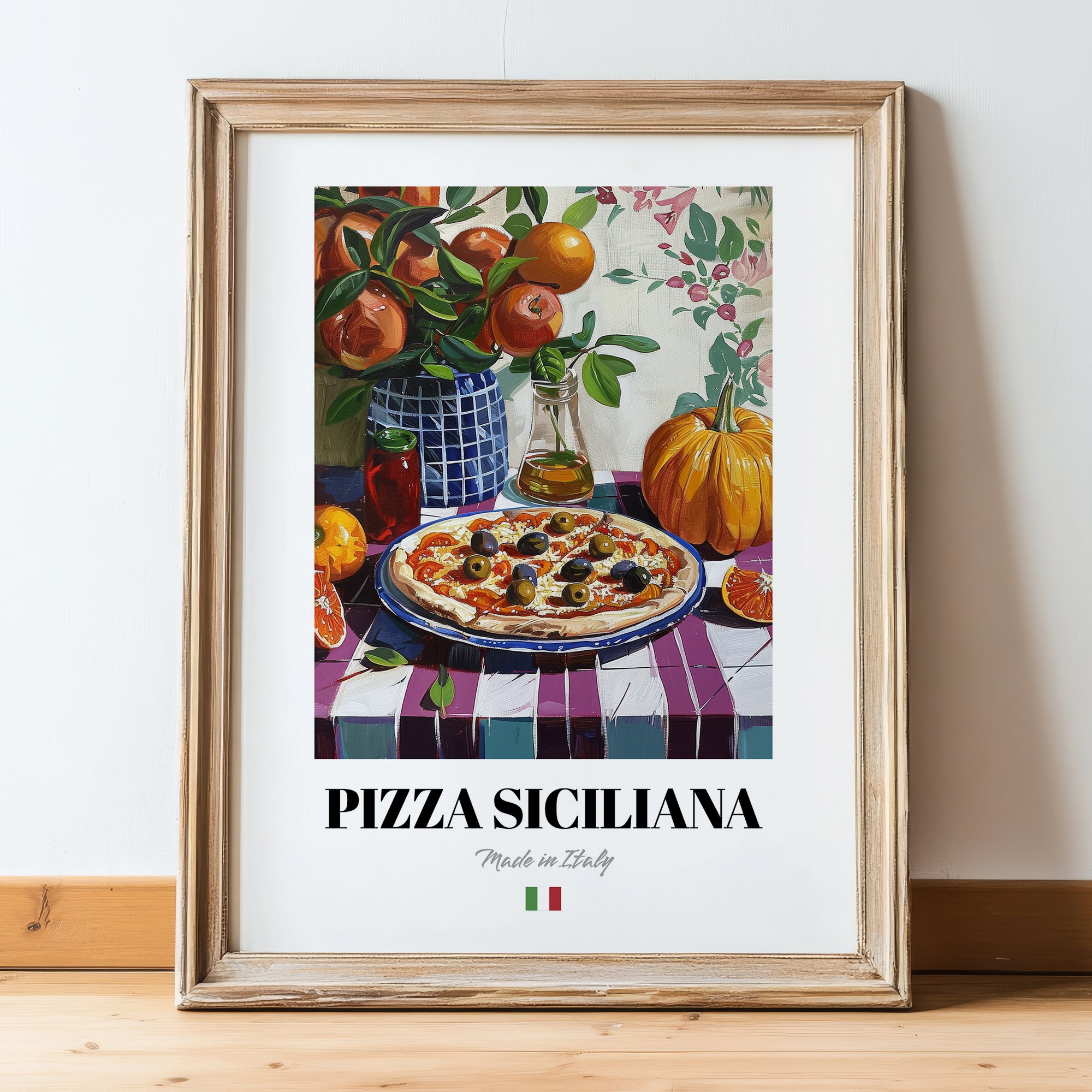 Pizza Siciliana – Italian Pizza, Ristorante Print, in wooden frame leaning on the floor