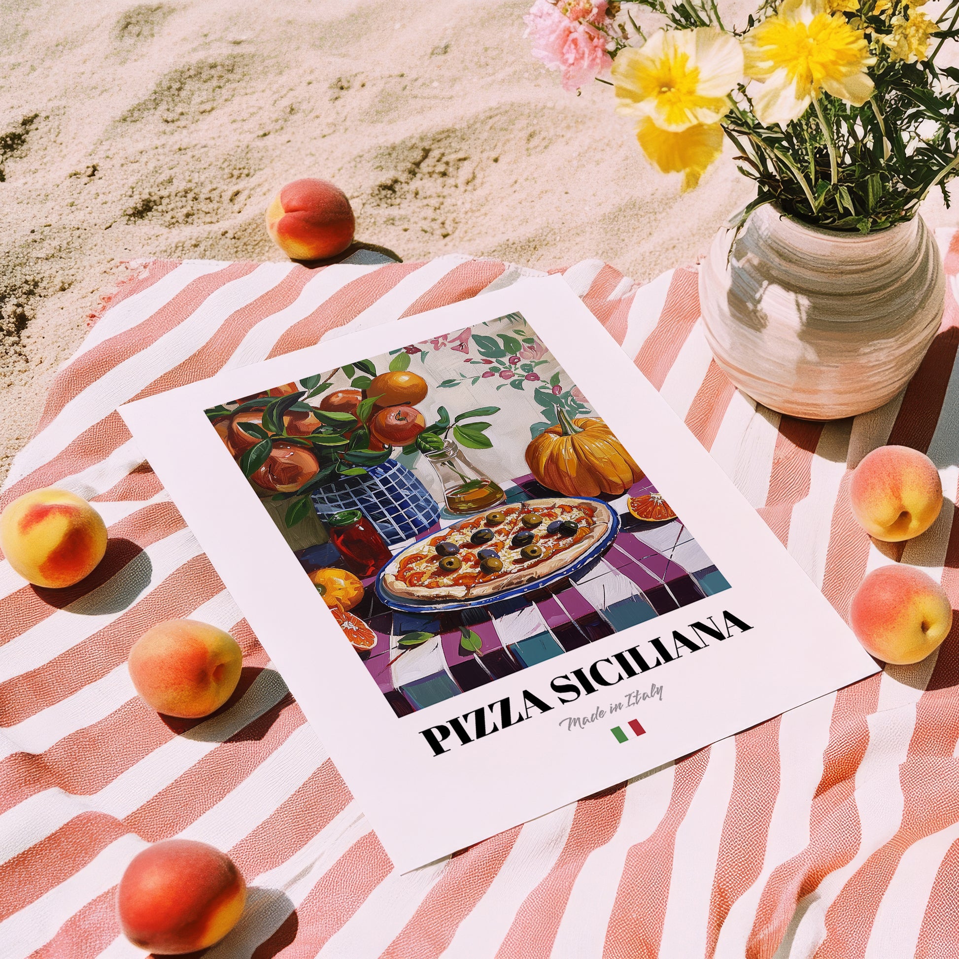 Pizza Siciliana – Italian Pizza, Ristorante Print, unframed on coastal sand