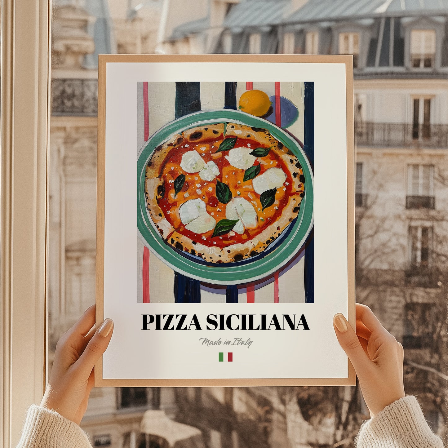 Pizza Siciliana – Italian Pizza, Restaurant Poster, styled in a charming Paris street view