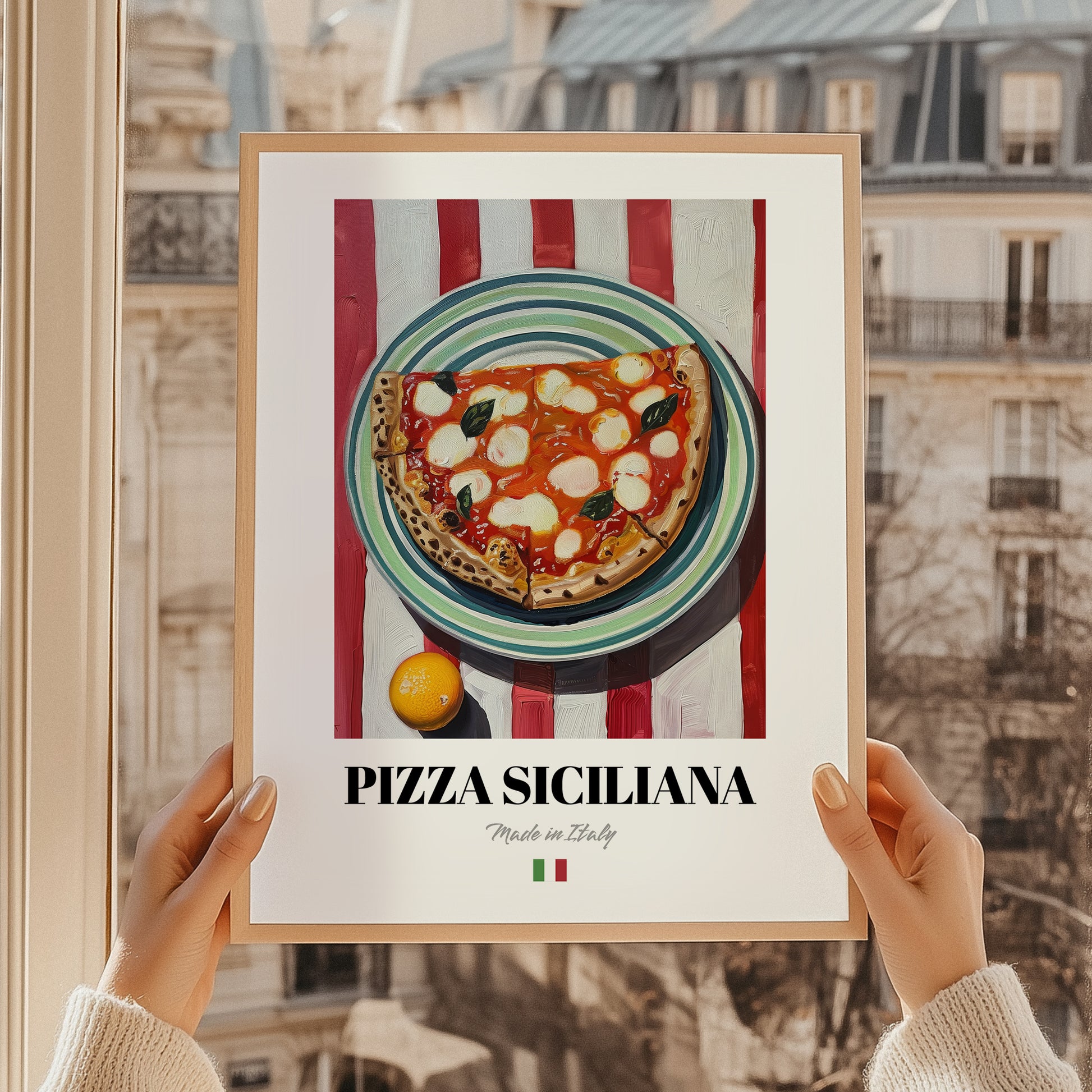 Pizza Siciliana – Italian Pizza, Restaurant Still Life, styled in a charming Paris street view