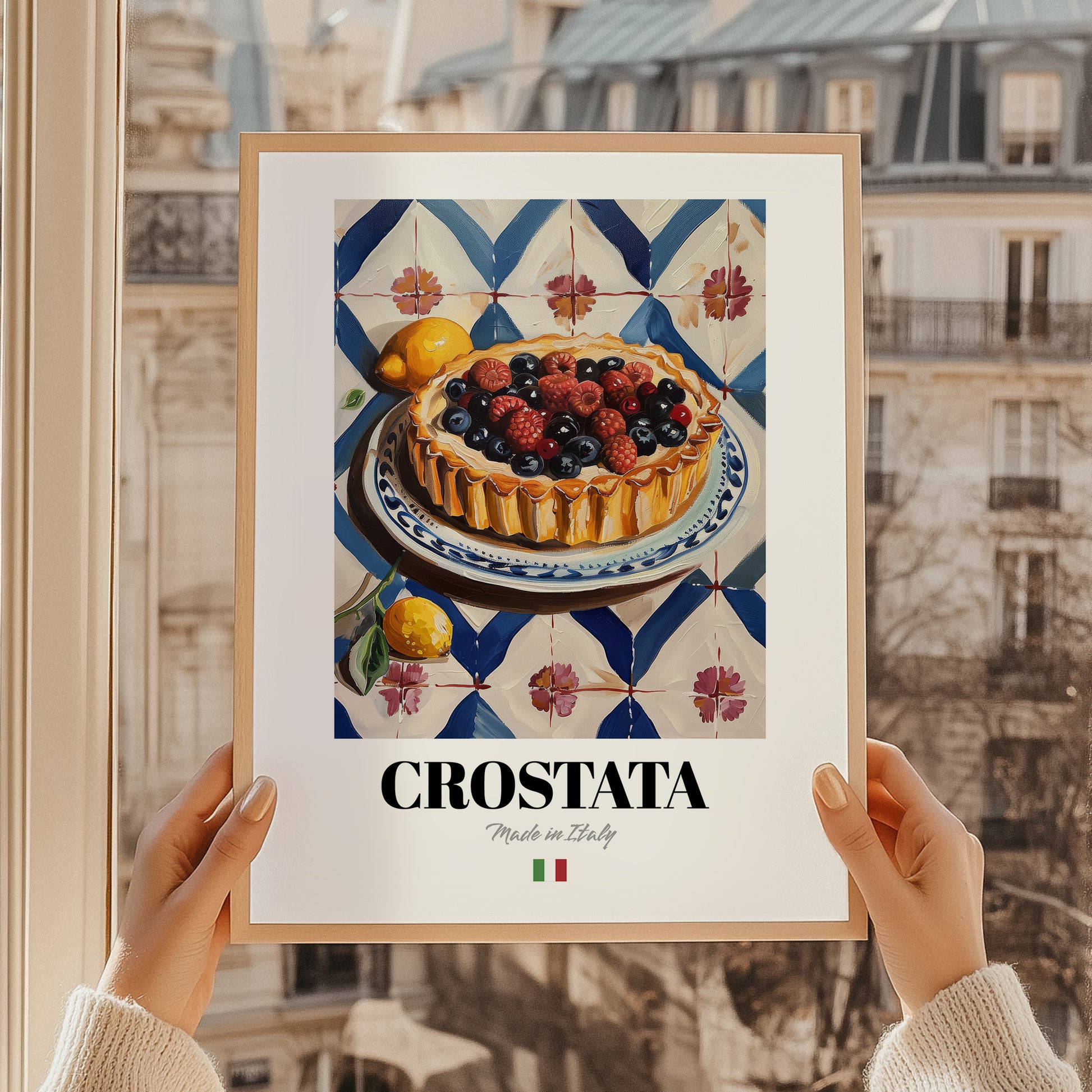 Crostata – Italian Dessert Dish, Café Poster, styled in a charming Paris street view