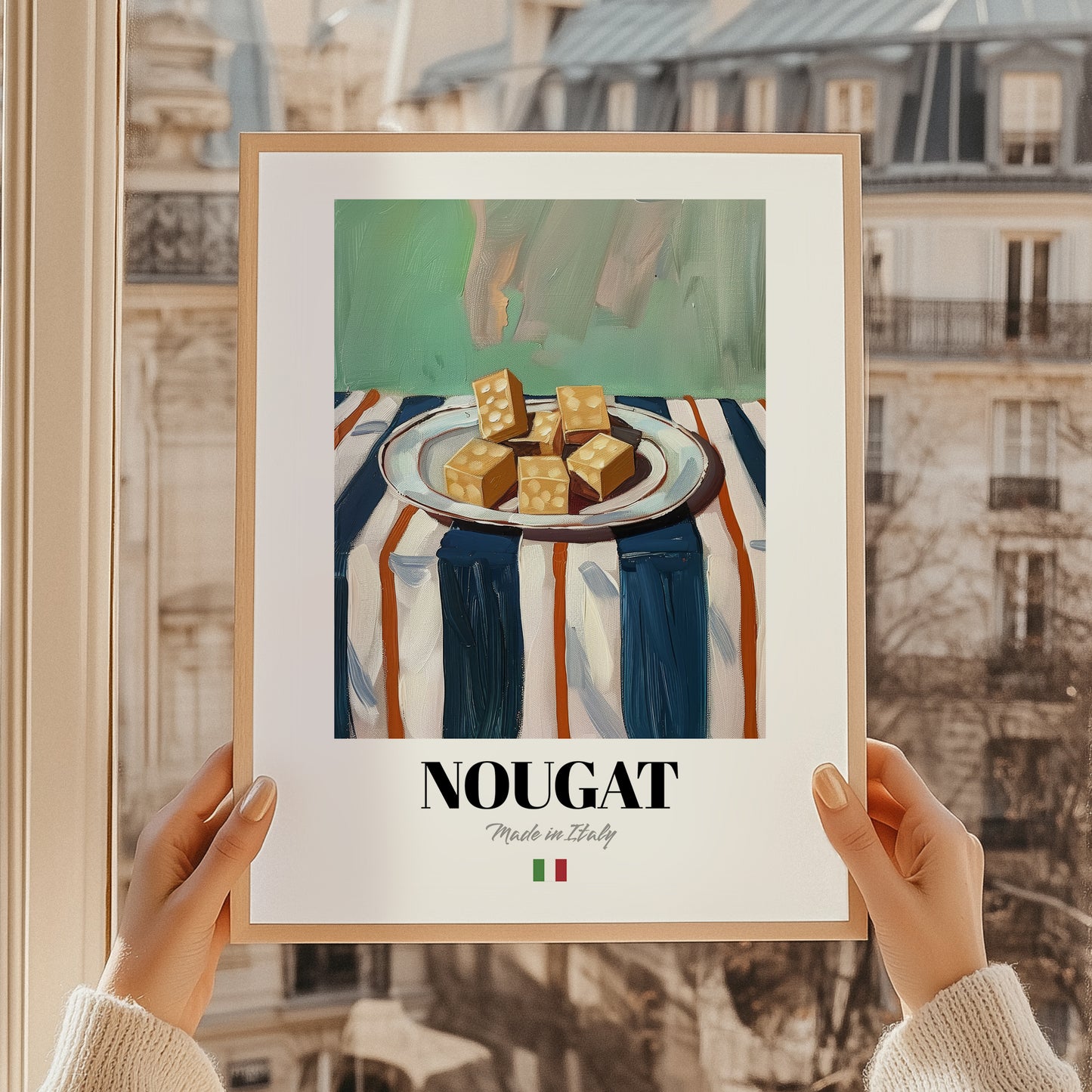 Nougat – Italian Dessert Dish, Bistro Still Life, styled in a charming Paris street view