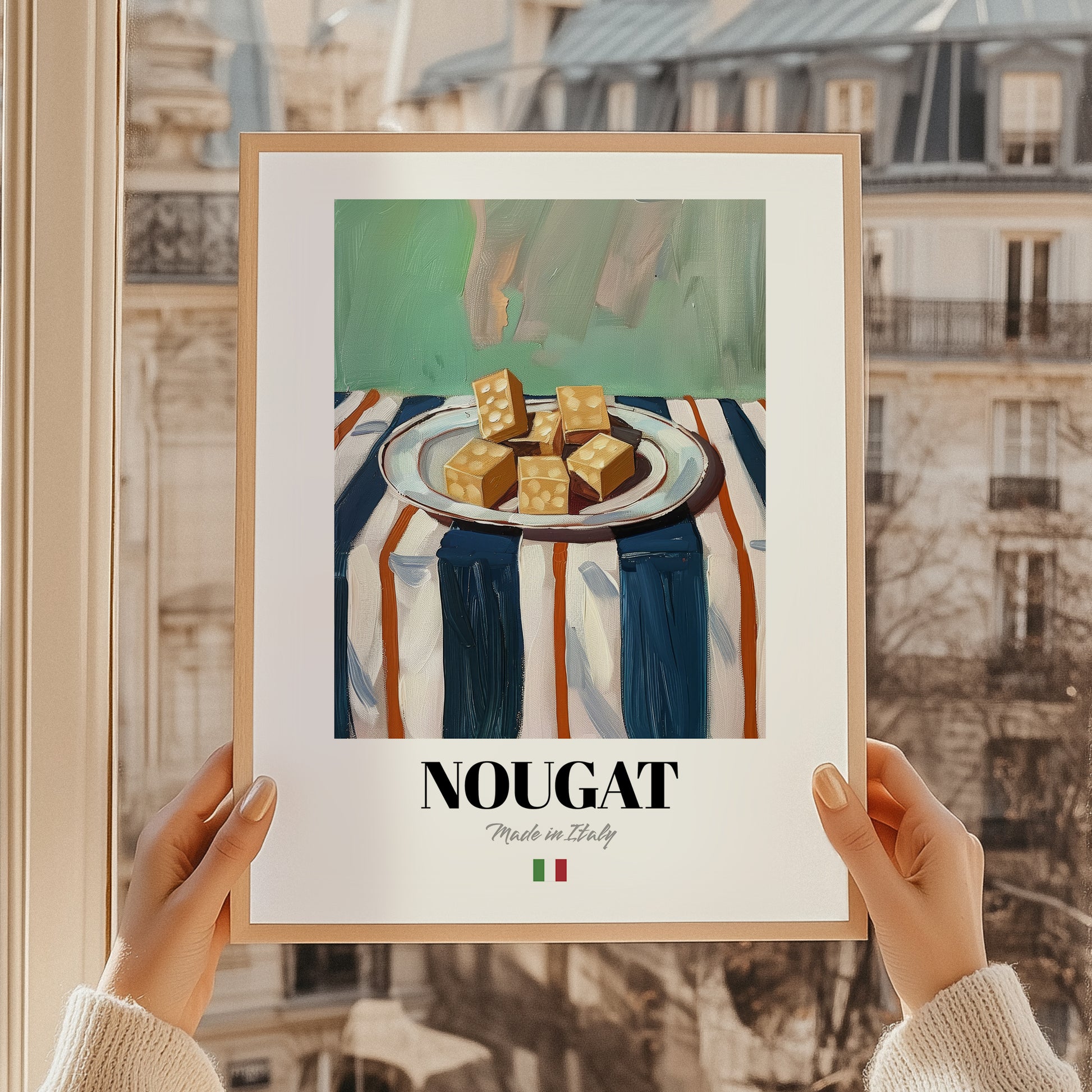 Nougat – Italian Dessert Dish, Bistro Still Life, styled in a charming Paris street view