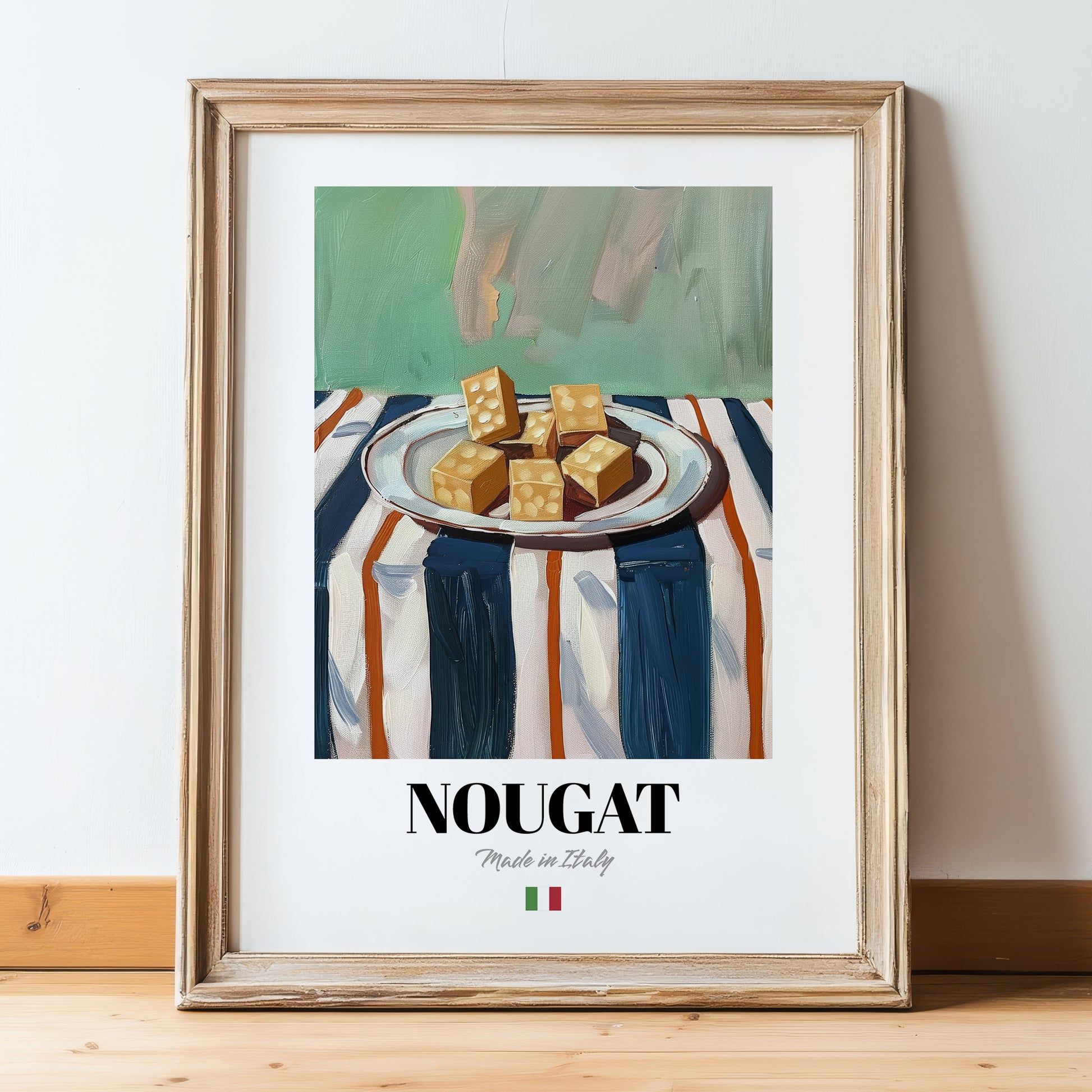 Nougat – Italian Dessert Dish, Bistro Still Life, in wooden frame leaning on the floor
