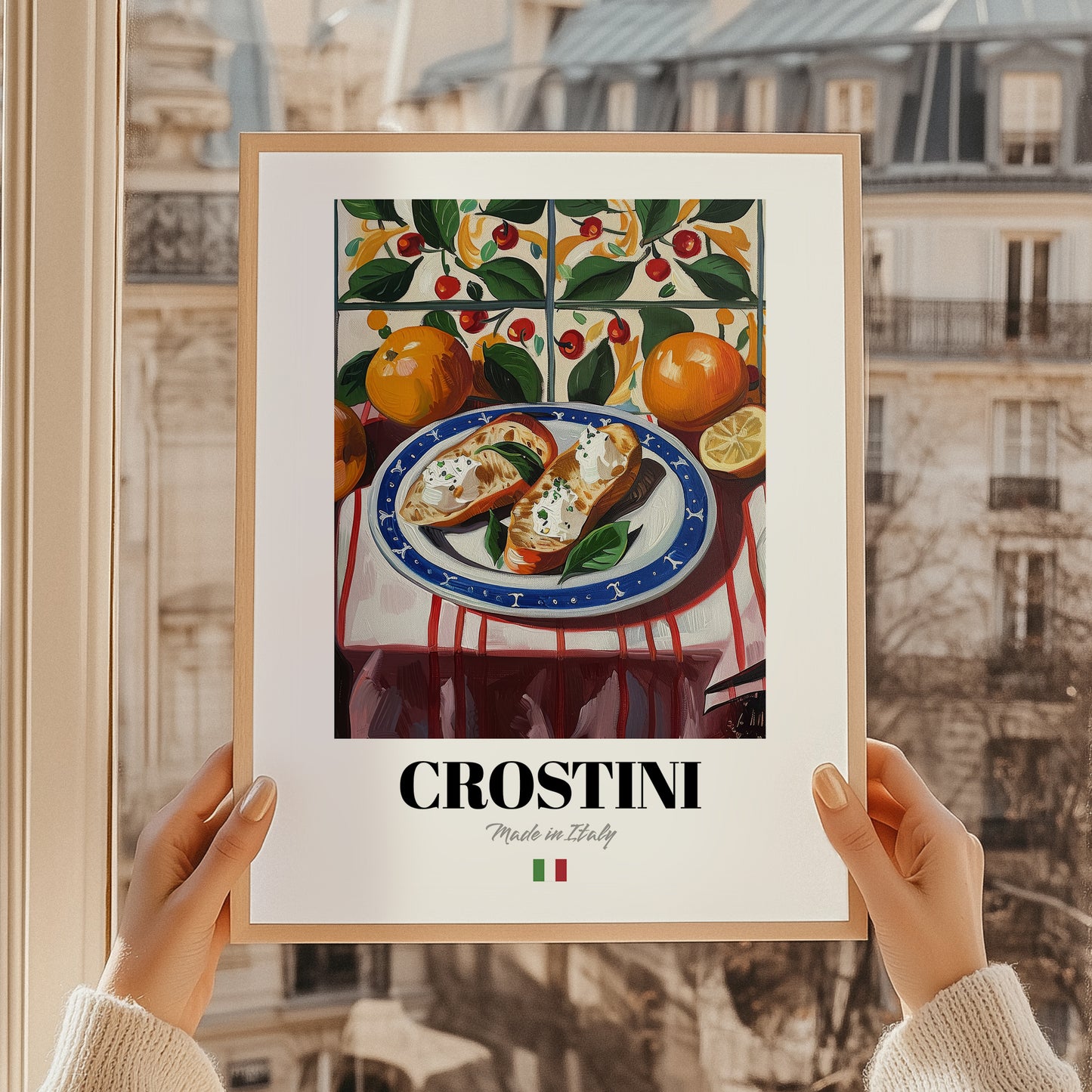Crostini – Italian Snack Dish, Restaurant Print, styled in a charming Paris street view