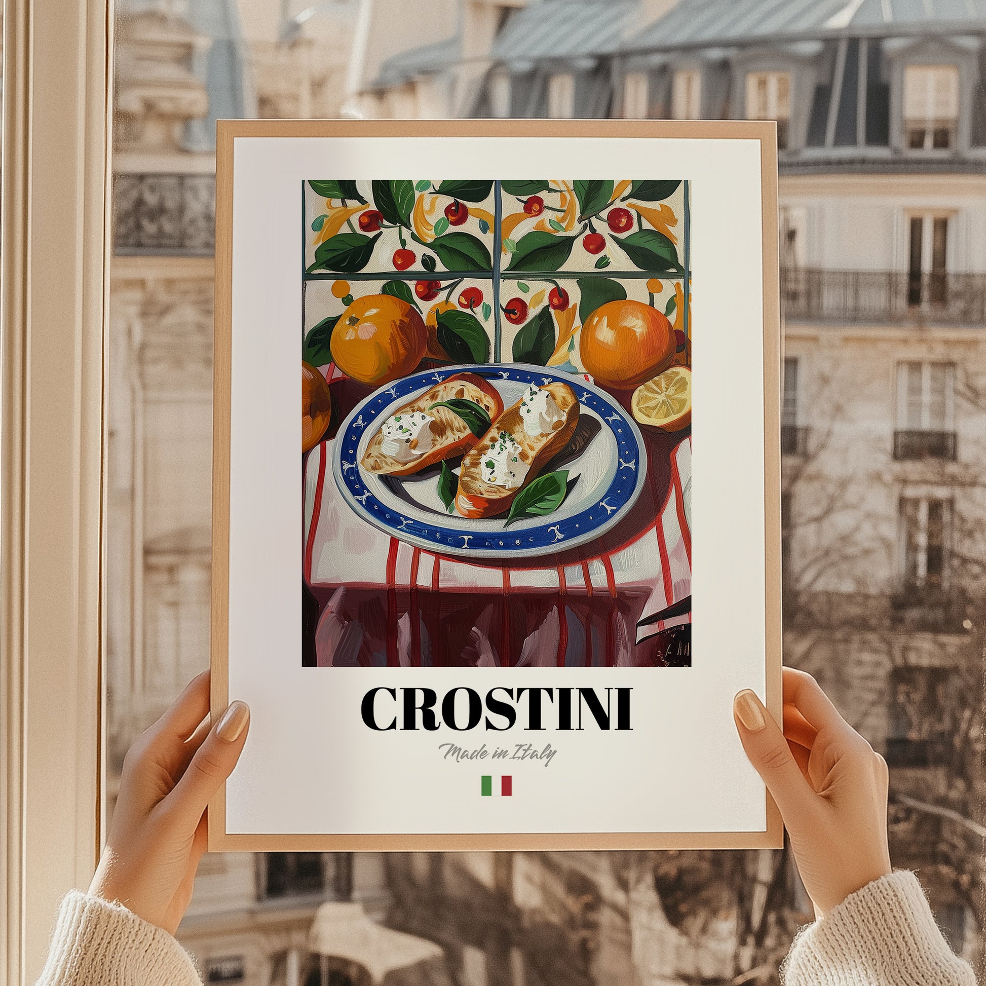 Crostini – Italian Snack Dish, Restaurant Print, styled in a charming Paris street view