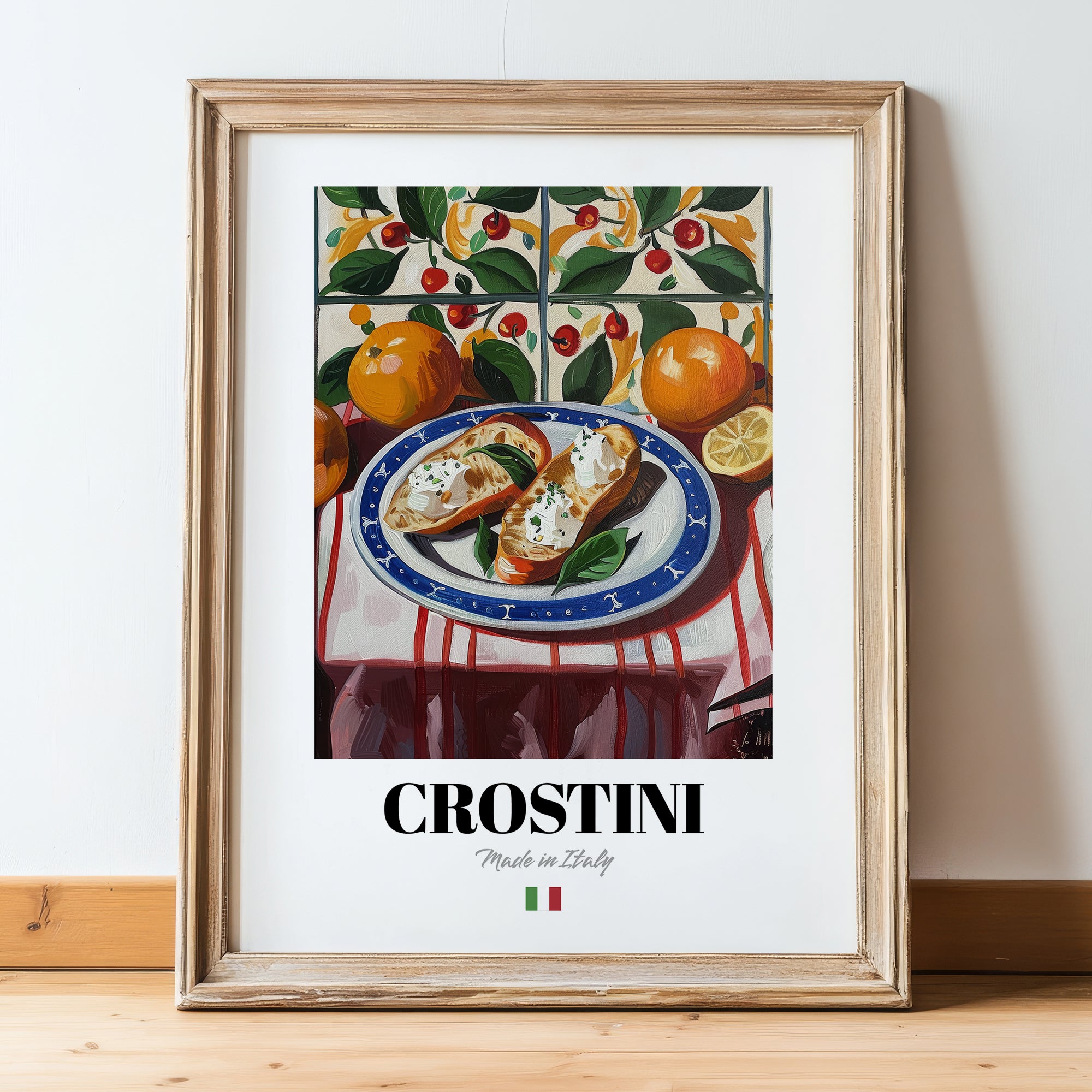 Crostini – Italian Snack Dish, Restaurant Print, in wooden frame leaning on the floor