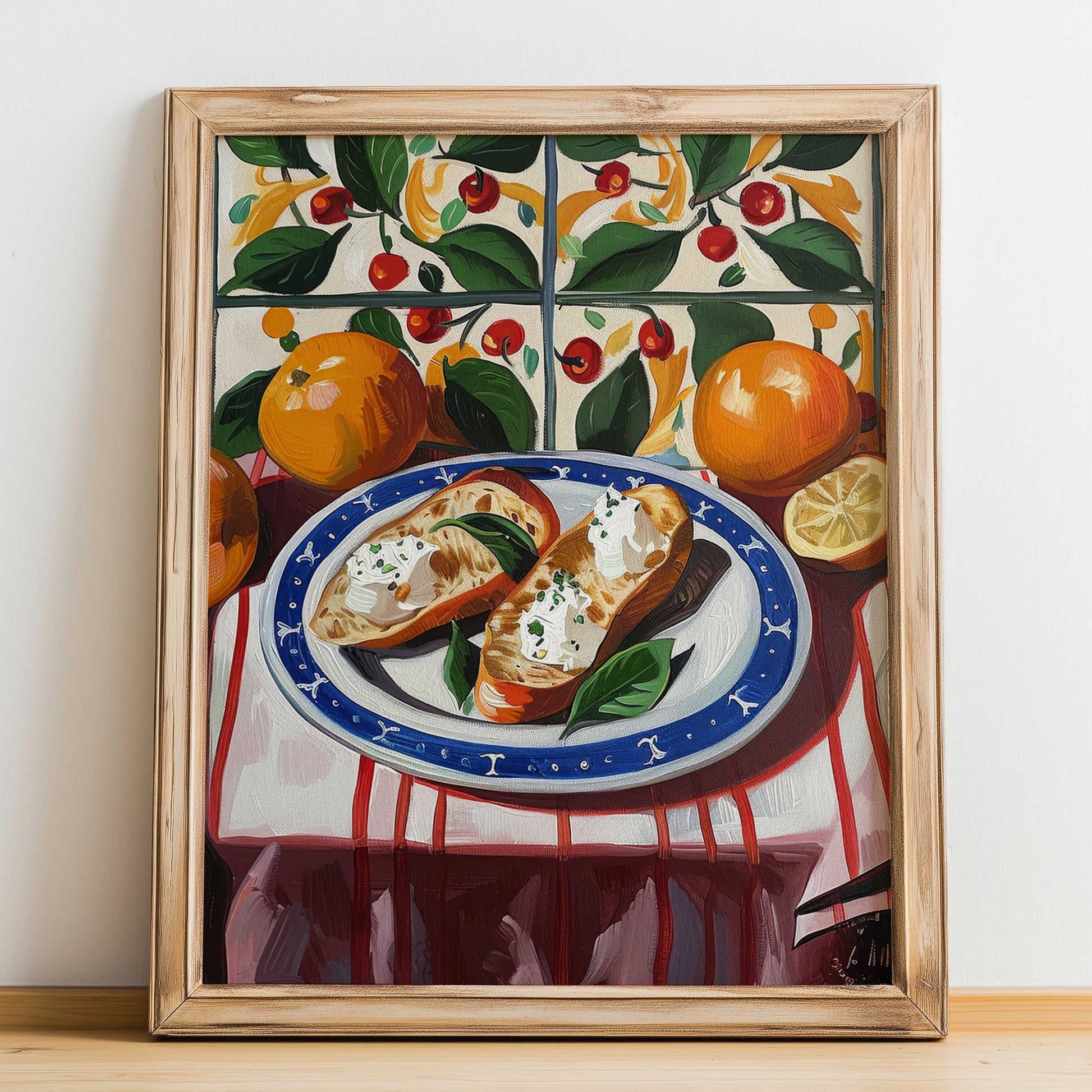 Crostini – Italian Snack Dish, Restaurant Print, no-text version framed in wood
