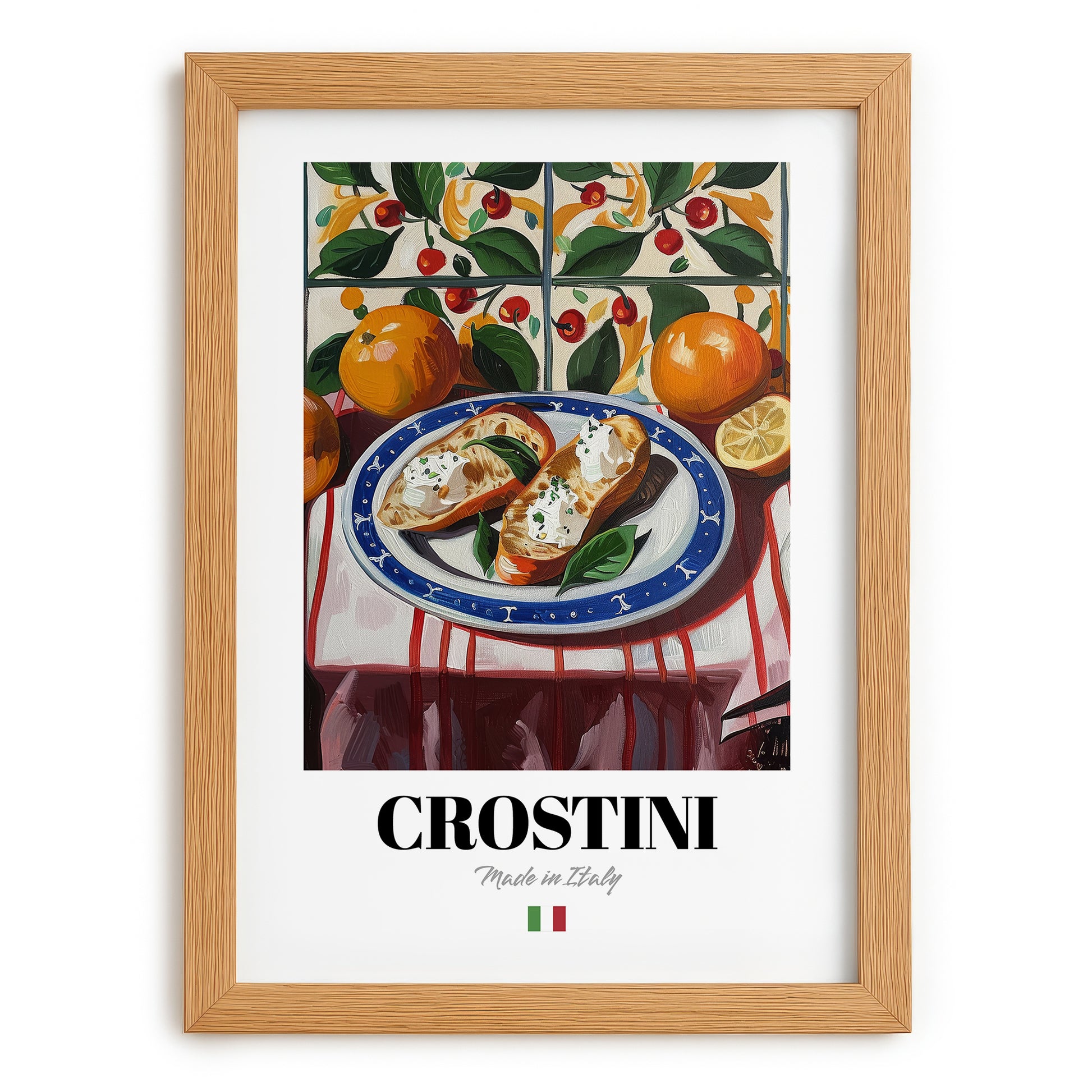 Crostini – Italian Snack Dish, Restaurant Print, set in oak frame