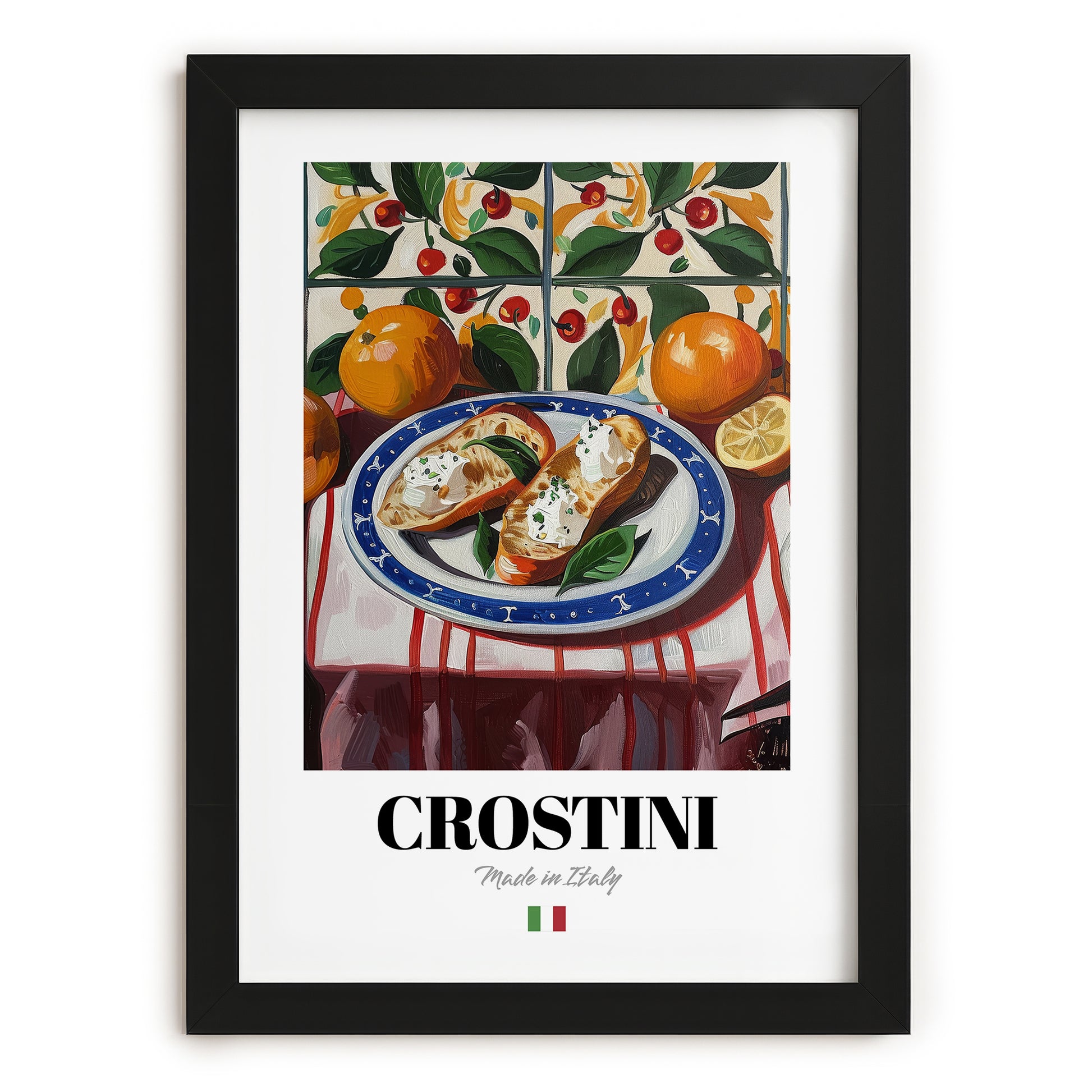 Crostini – Italian Snack Dish, Restaurant Print, in sleek black frame