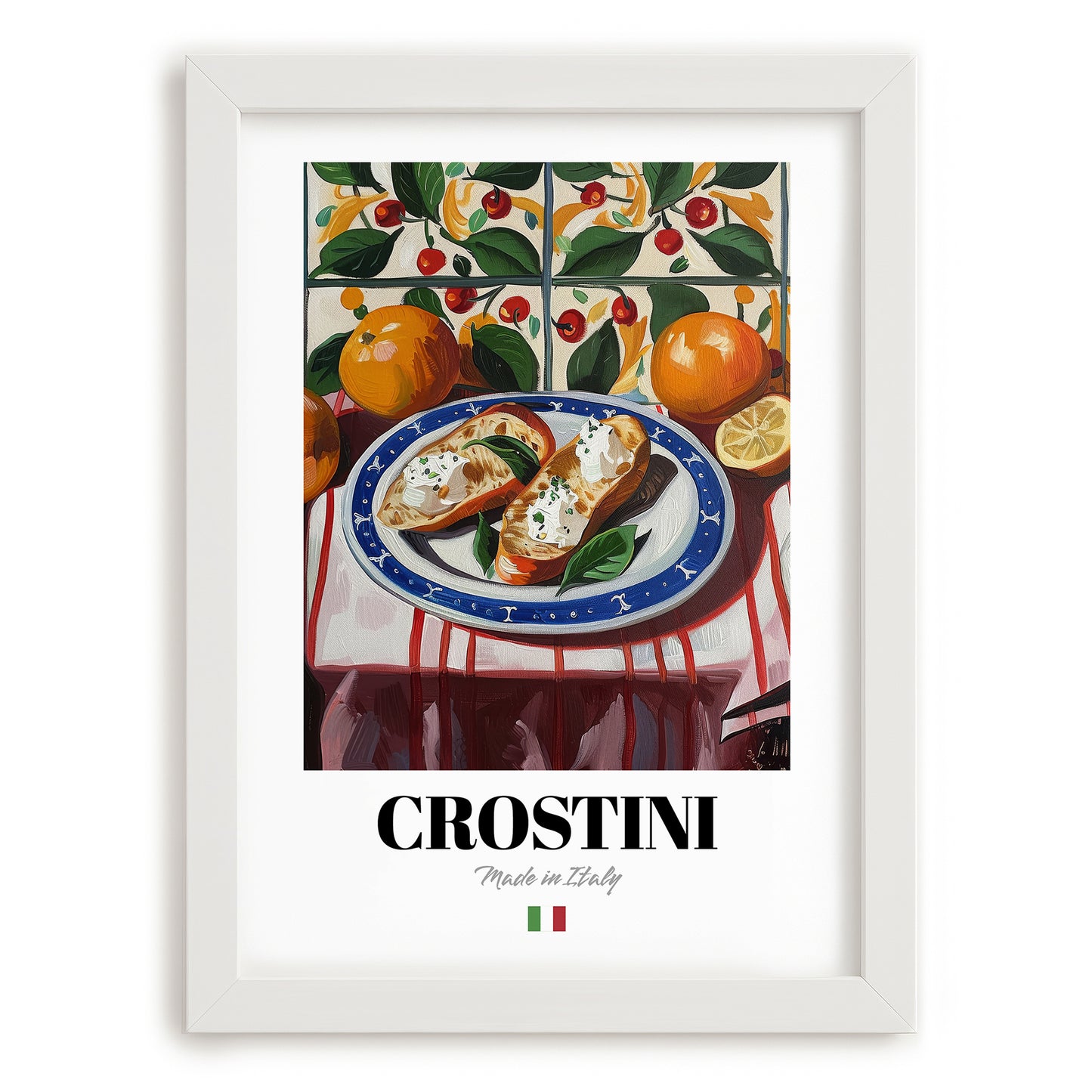 Crostini – Italian Snack Dish, Restaurant Print, placed in minimal white frame