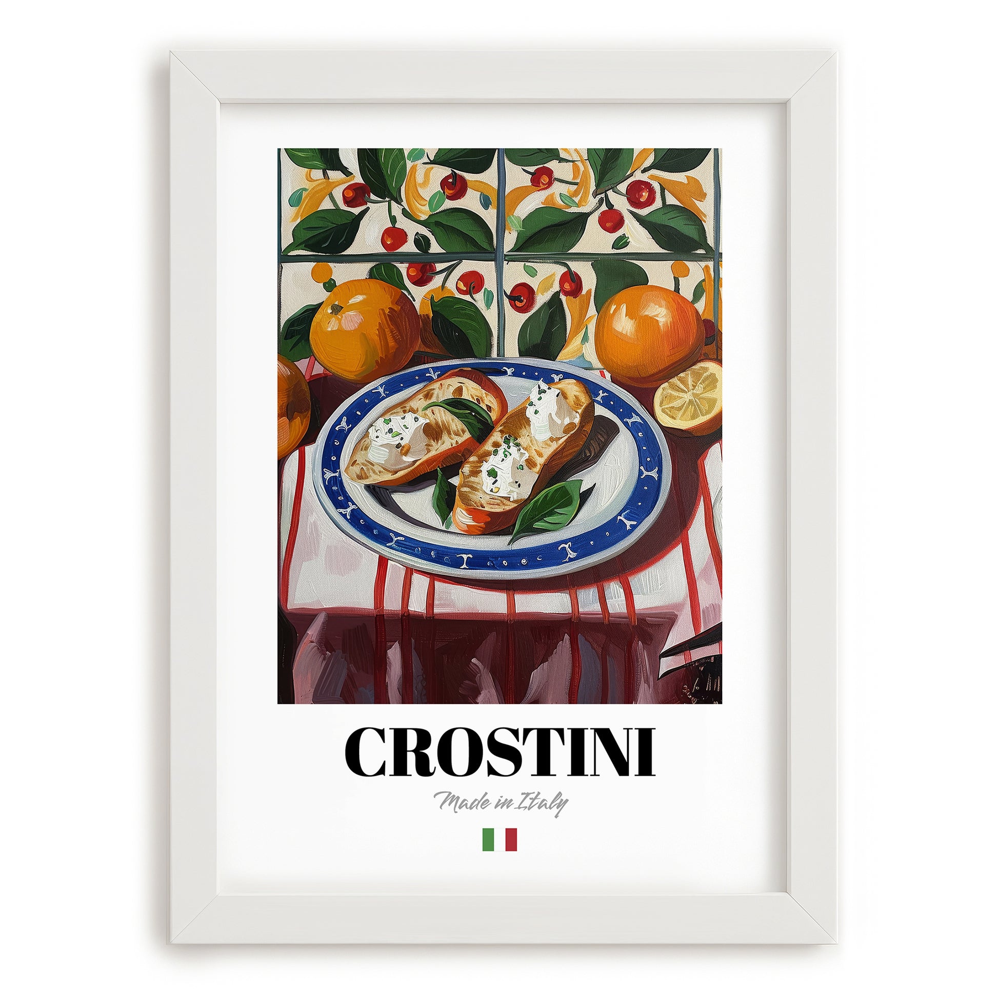 Crostini – Italian Snack Dish, Restaurant Print, placed in minimal white frame