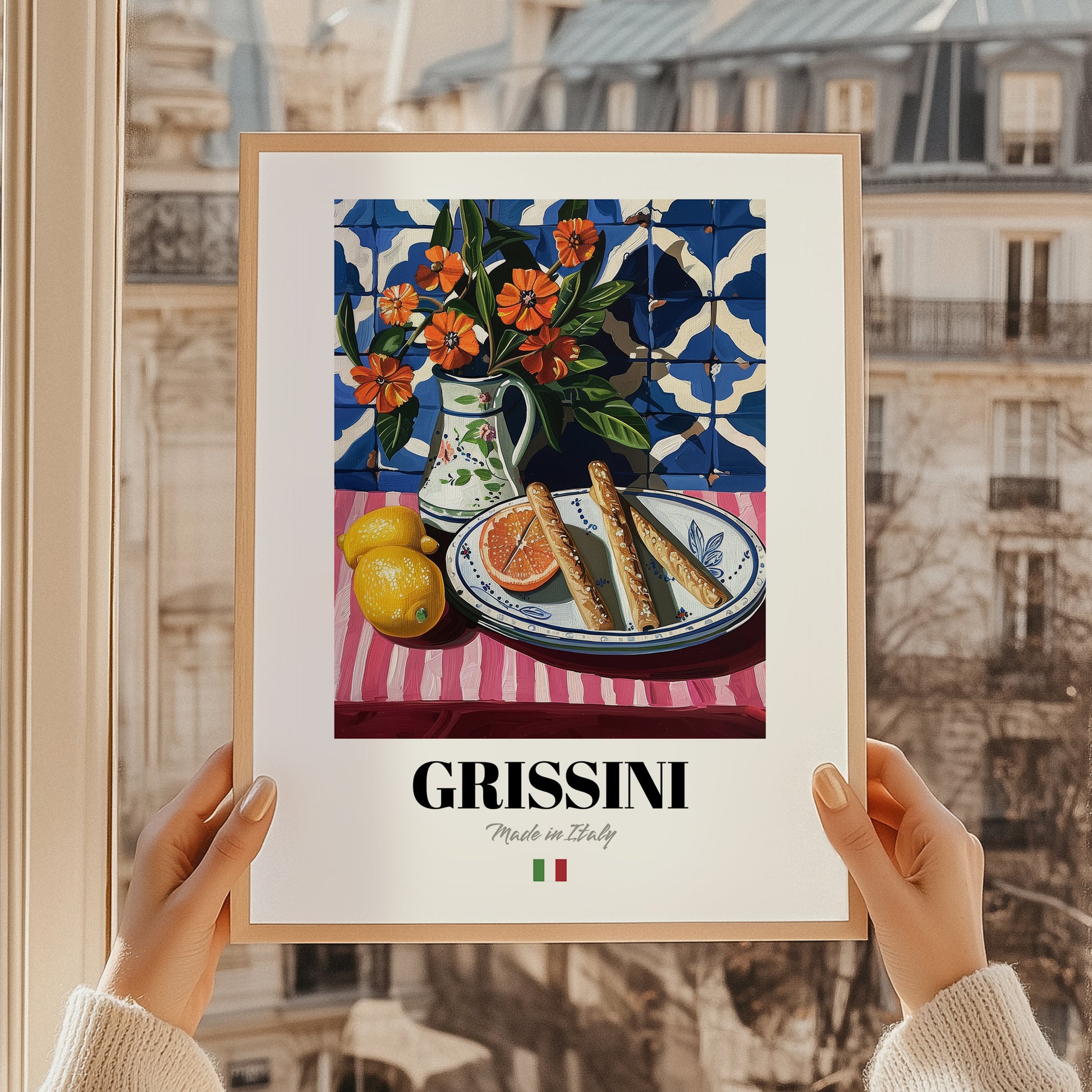 Grissini – Italian Bread Dish, Brasserie Poster, styled in a charming Paris street view