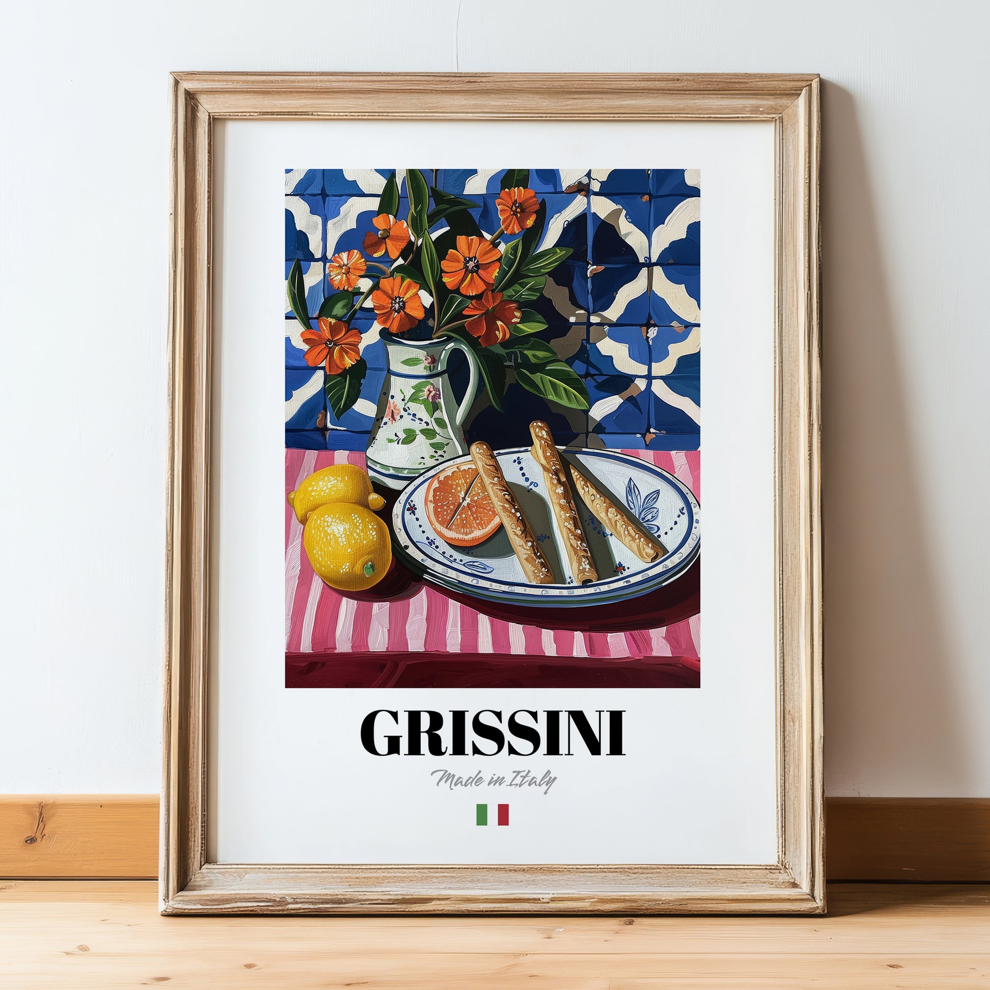 Grissini – Italian Bread Dish, Brasserie Poster, in wooden frame leaning on the floor