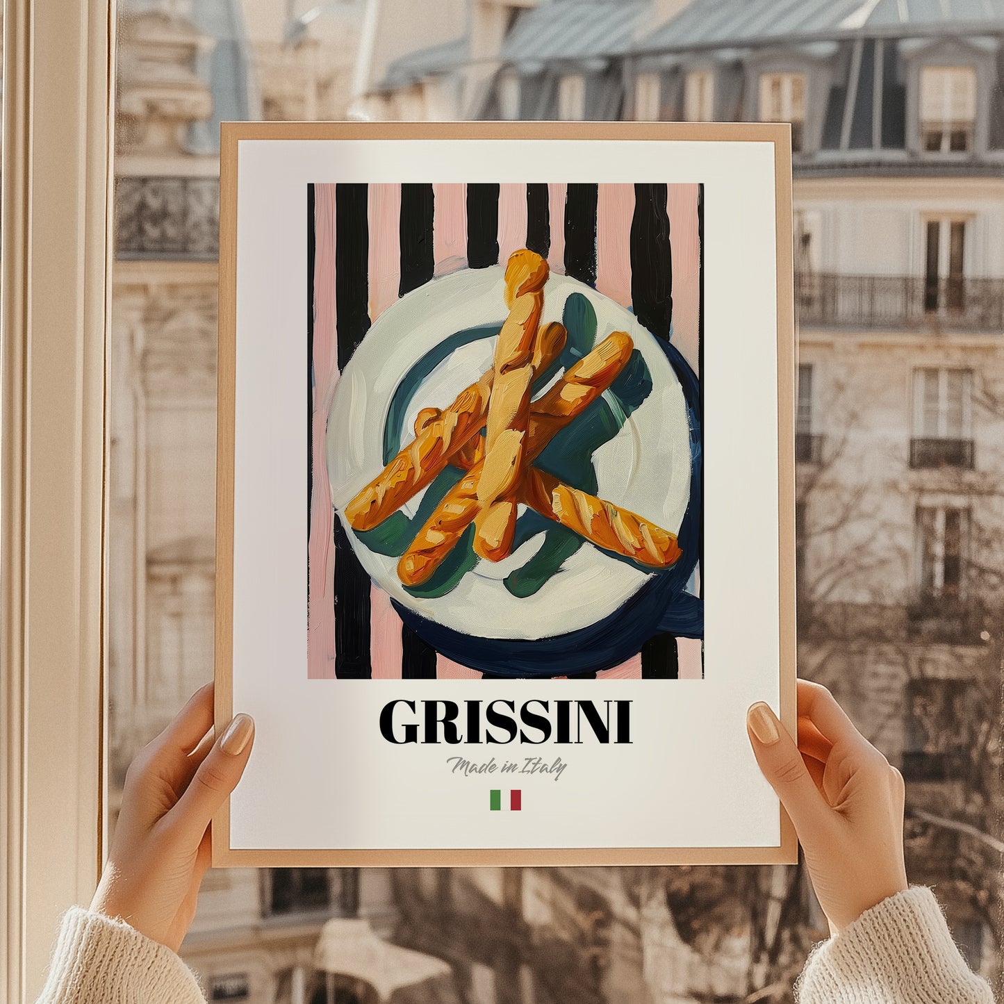 Grissini – Italian Bread Dish, Brasserie Poster, styled in a charming Paris street view