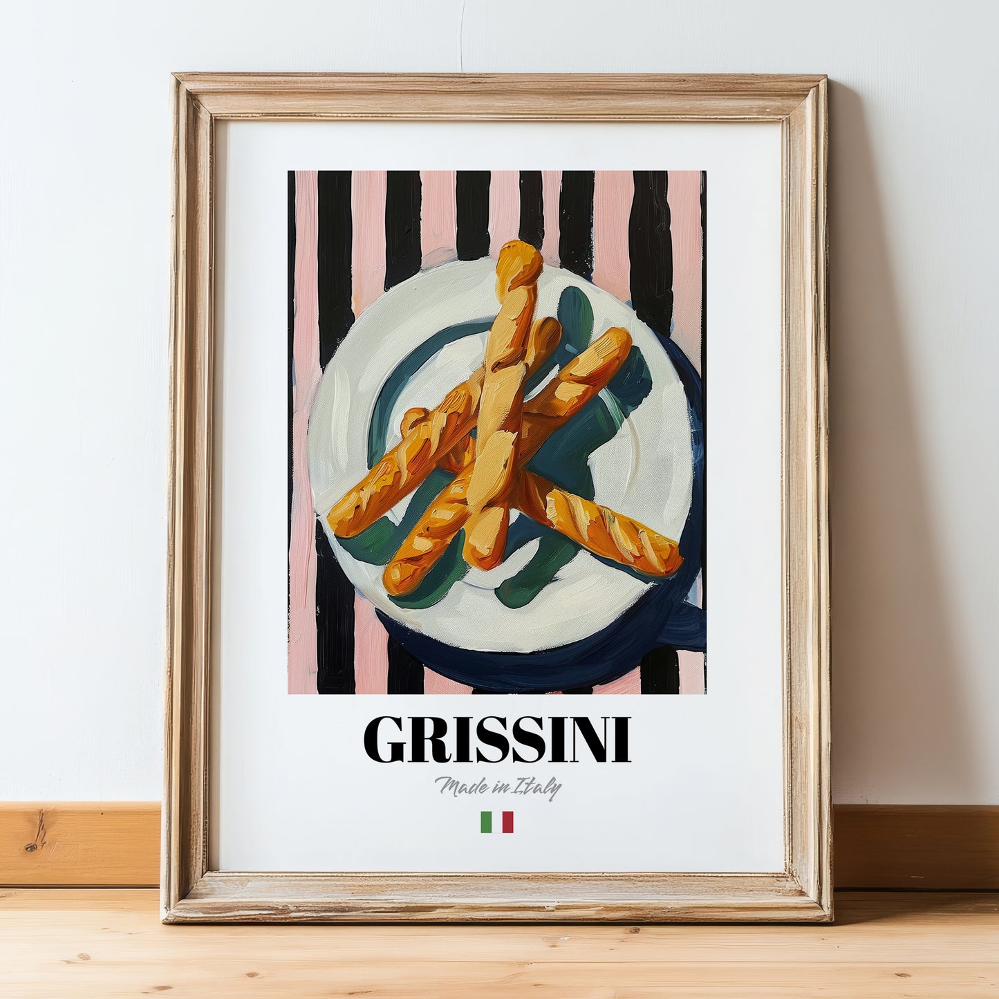 Grissini – Italian Bread Dish, Brasserie Poster, in wooden frame leaning on the floor