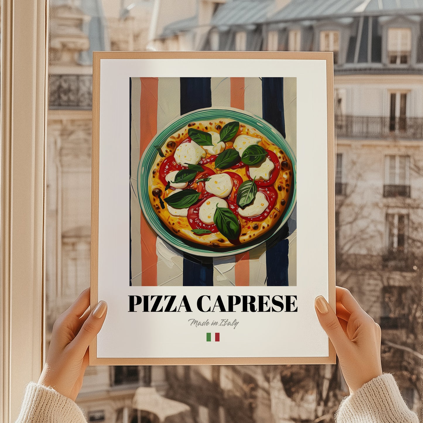 Pizza Caprese – Italian Pizza, Pizzeria Poster, styled in a charming Paris street view