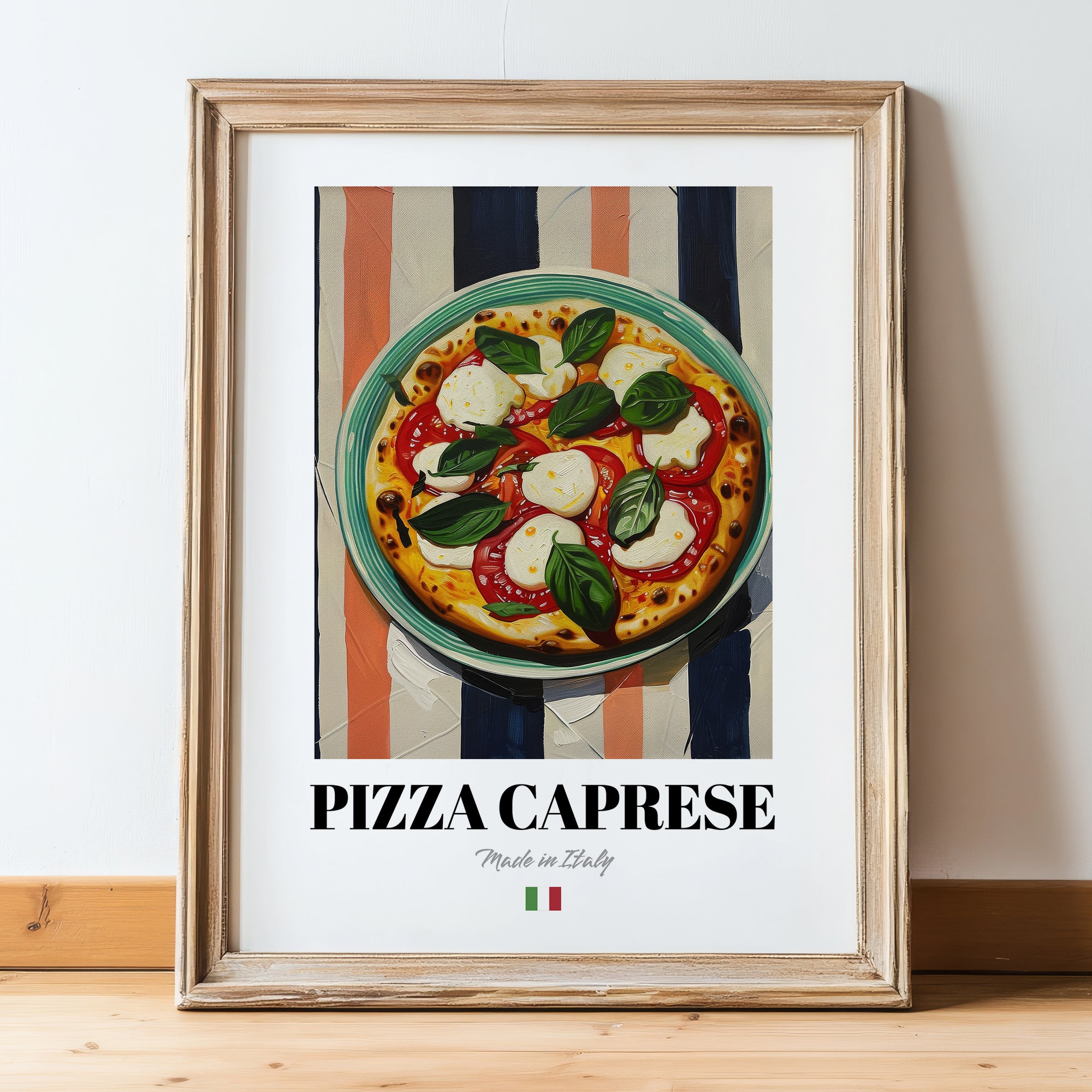 Pizza Caprese – Italian Pizza, Pizzeria Poster, in wooden frame leaning on the floor