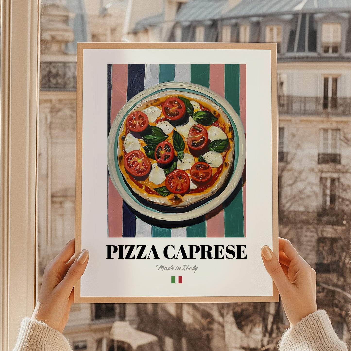 Pizza Caprese – Italian Pizza, Pizzeria Wall Art, styled in a charming Paris street view