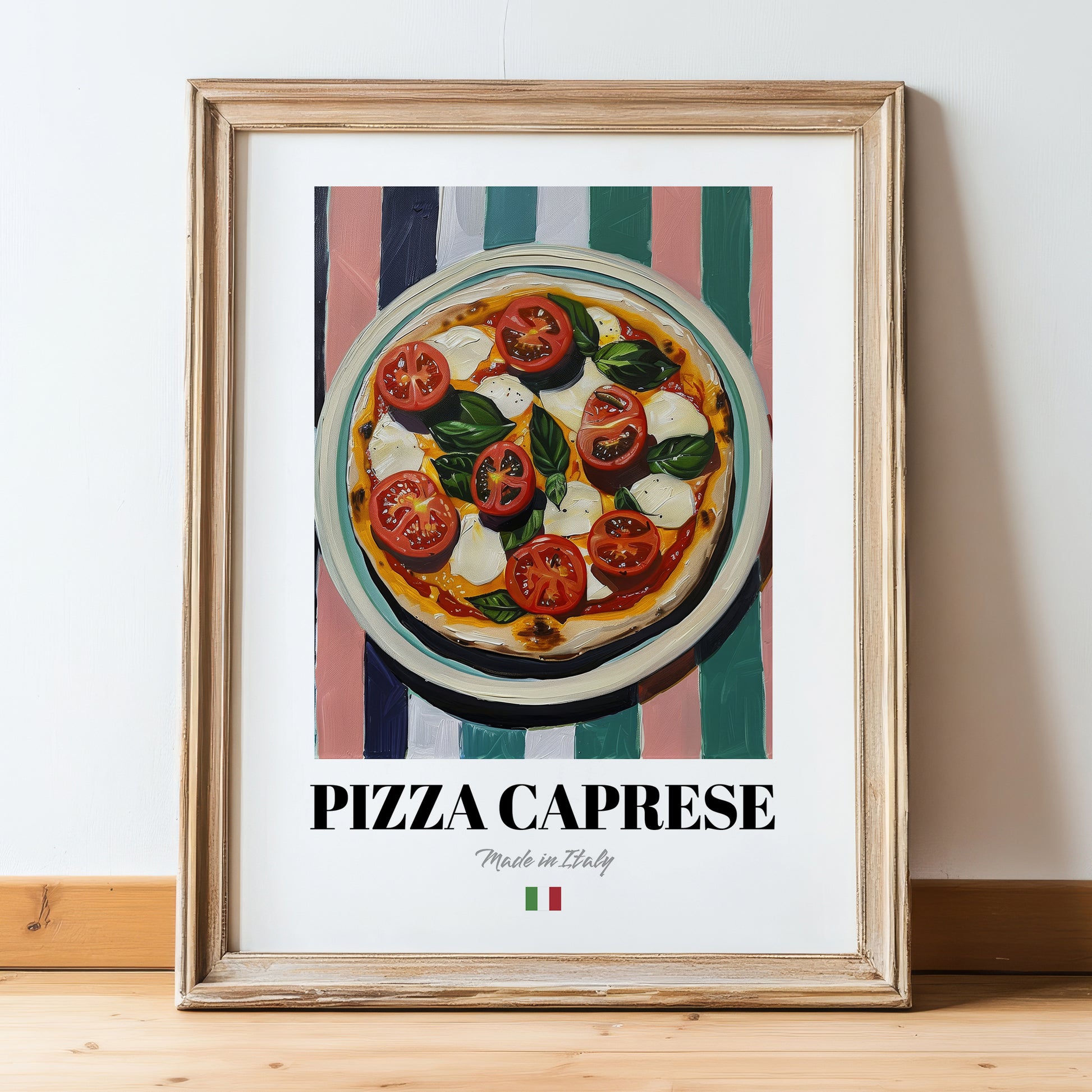 Pizza Caprese – Italian Pizza, Pizzeria Wall Art, in wooden frame leaning on the floor