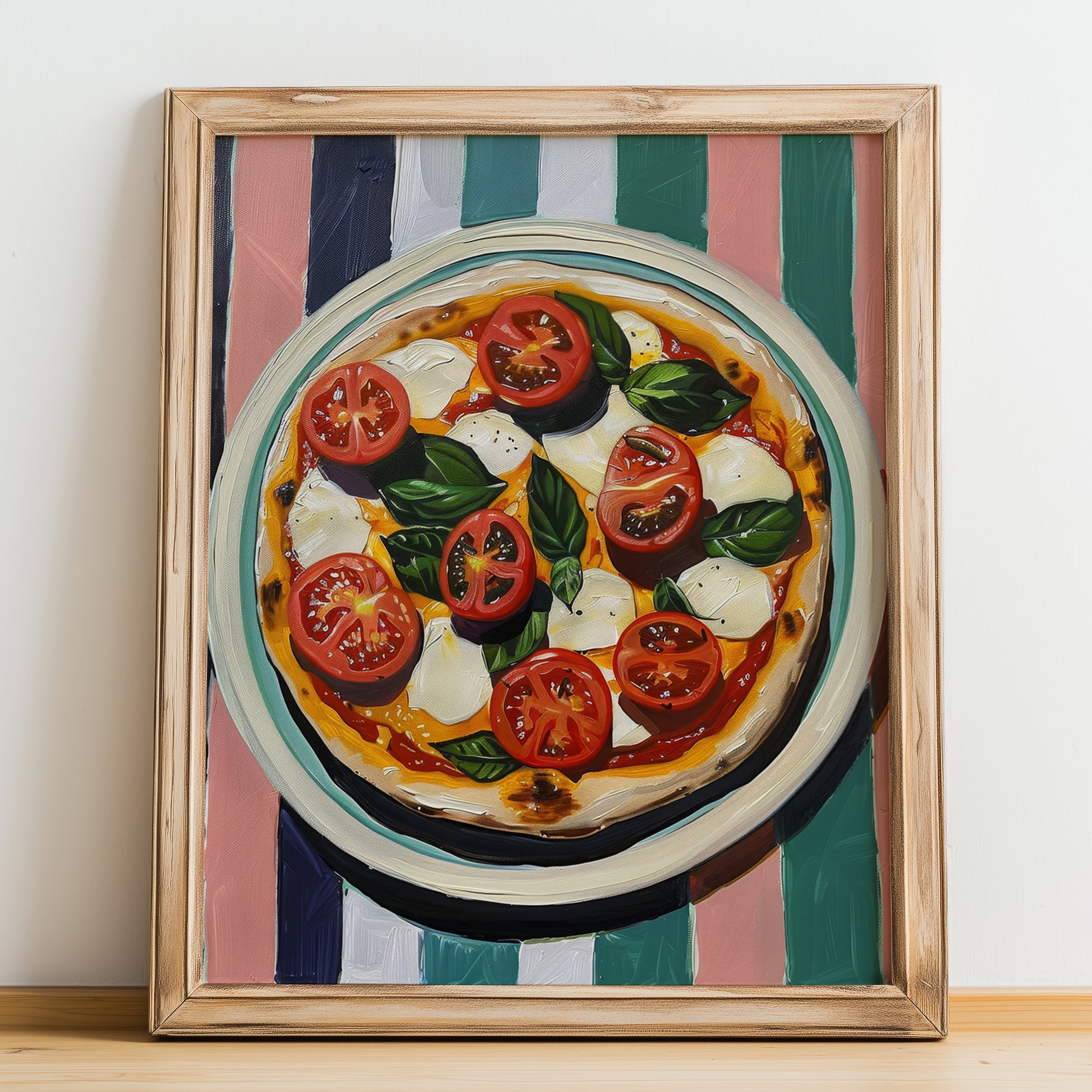 Pizza Caprese – Italian Pizza, Pizzeria Wall Art, no-text version framed in wood
