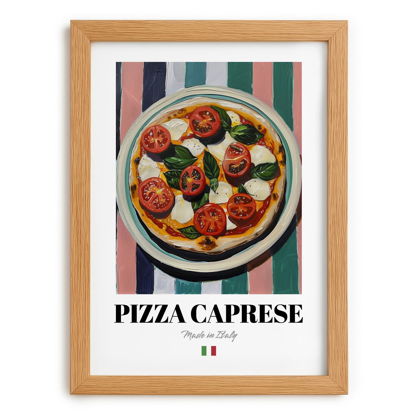Pizza Caprese – Italian Pizza, Pizzeria Wall Art, set in oak frame