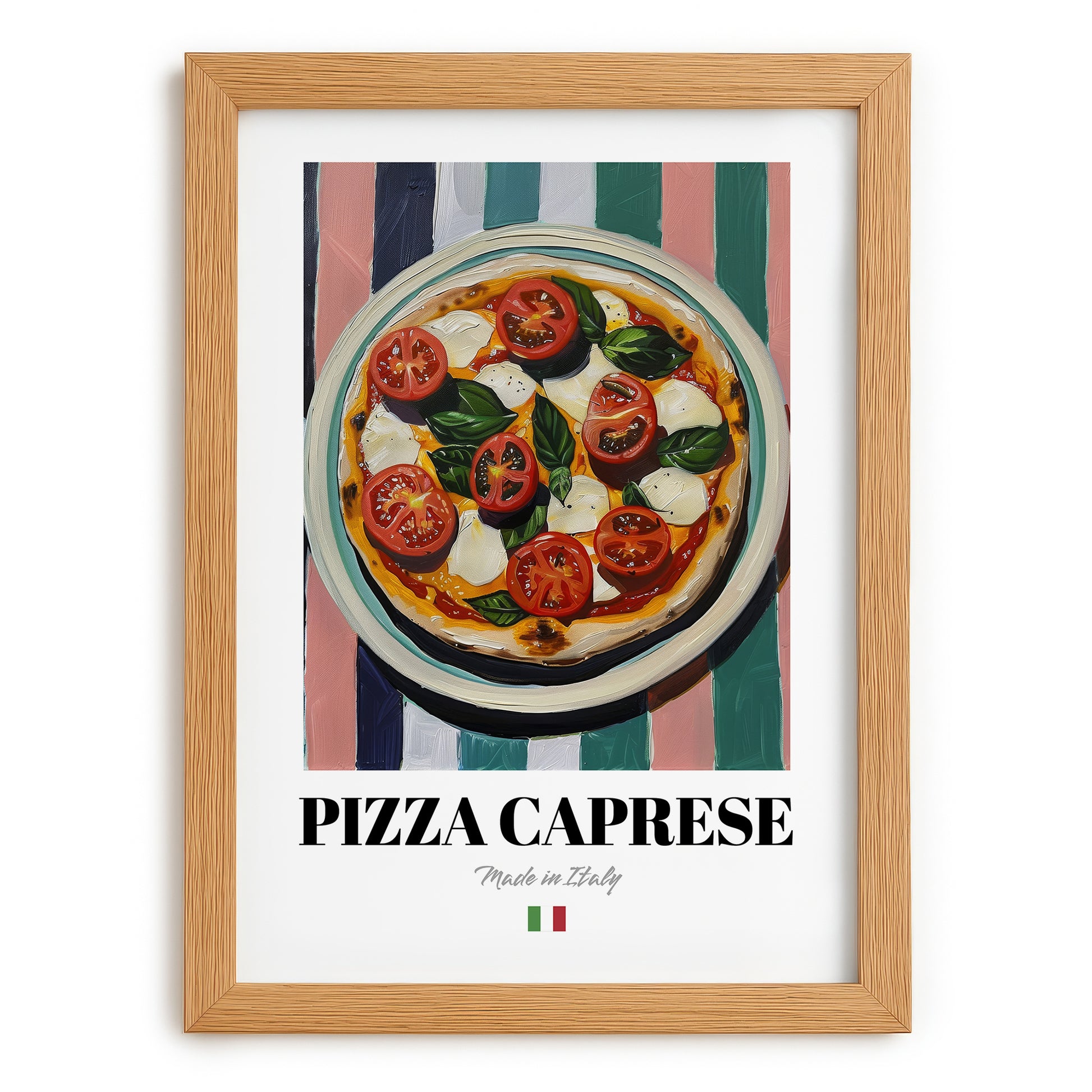 Pizza Caprese – Italian Pizza, Pizzeria Wall Art, set in oak frame