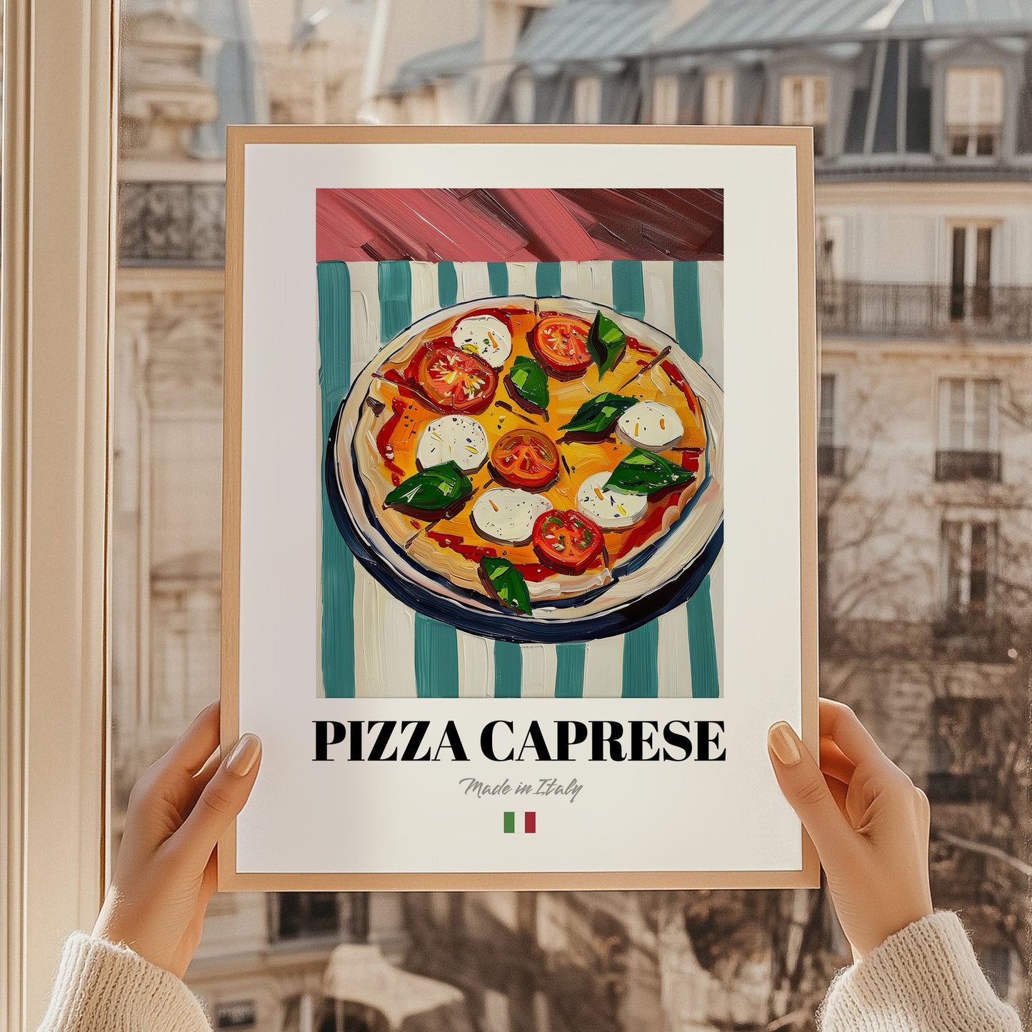 Pizza Caprese – Italian Pizza, Trattoria Illustration, styled in a charming Paris street view