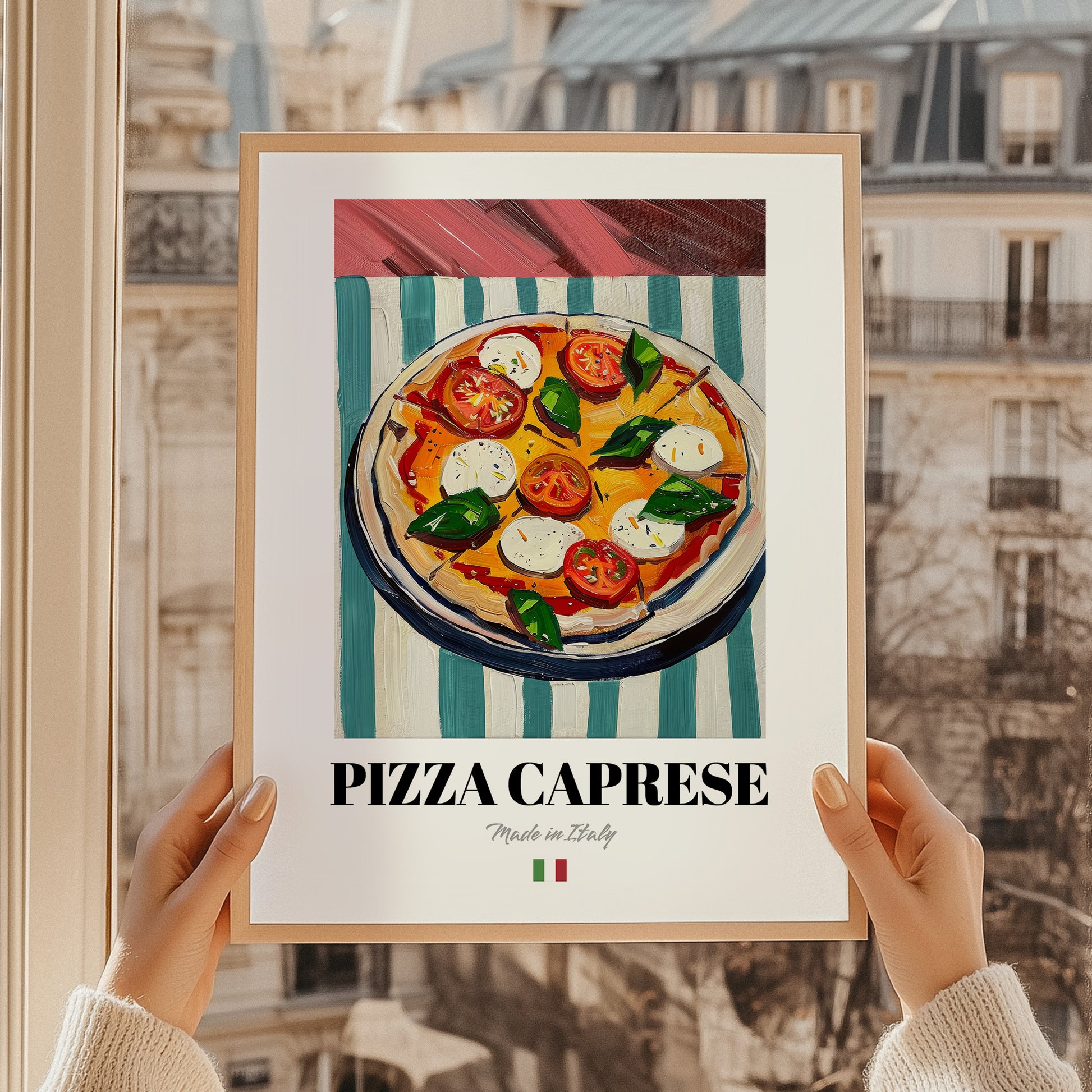 Pizza Caprese – Italian Pizza, Trattoria Illustration, styled in a charming Paris street view