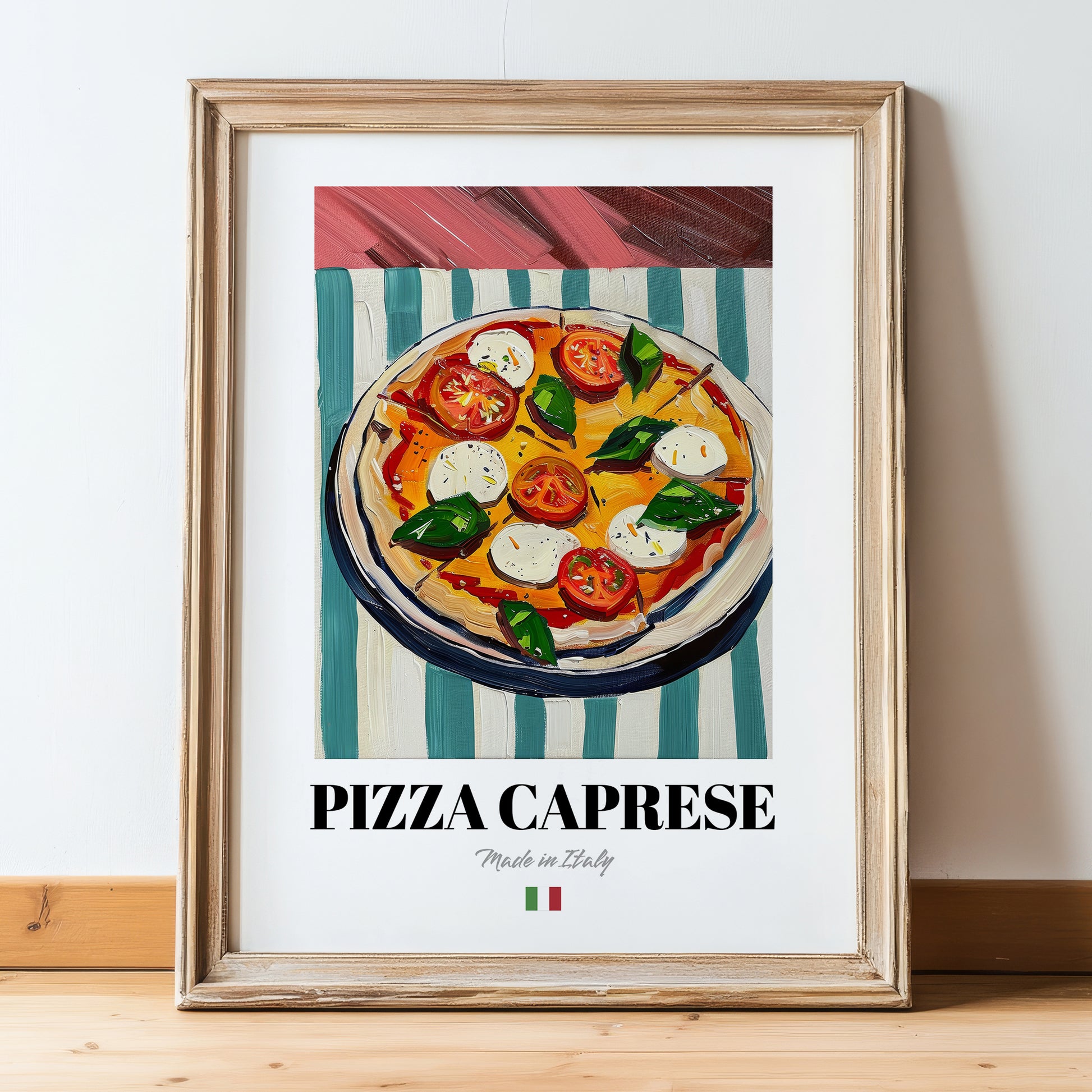 Pizza Caprese – Italian Pizza, Trattoria Illustration, in wooden frame leaning on the floor