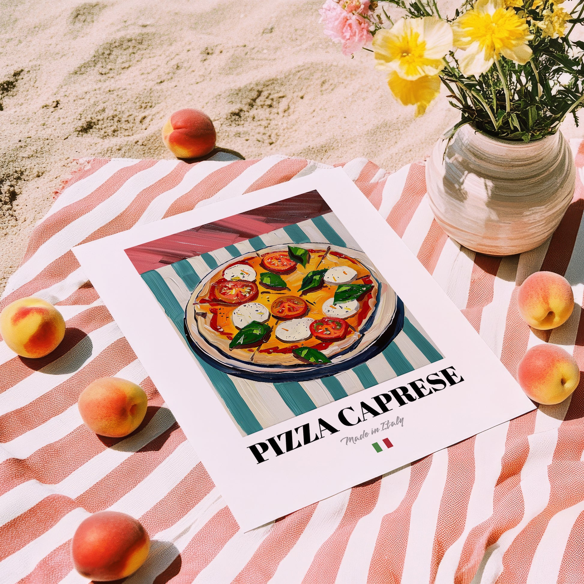 Pizza Caprese – Italian Pizza, Trattoria Illustration, unframed on coastal sand