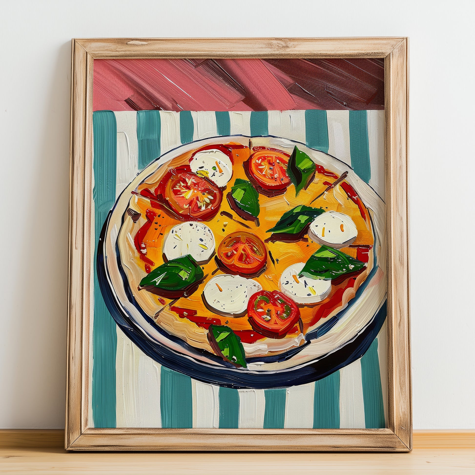Pizza Caprese – Italian Pizza, Trattoria Illustration, no-text version framed in wood
