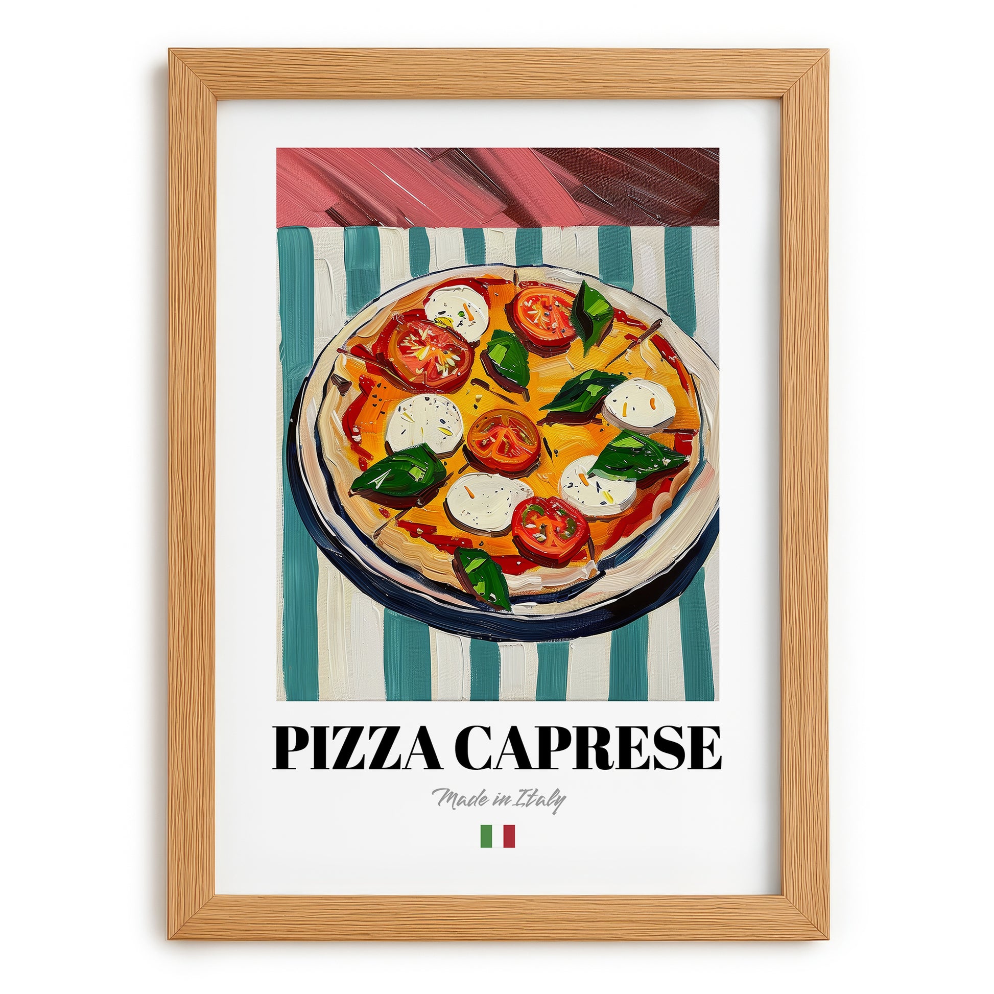Pizza Caprese – Italian Pizza, Trattoria Illustration, set in oak frame