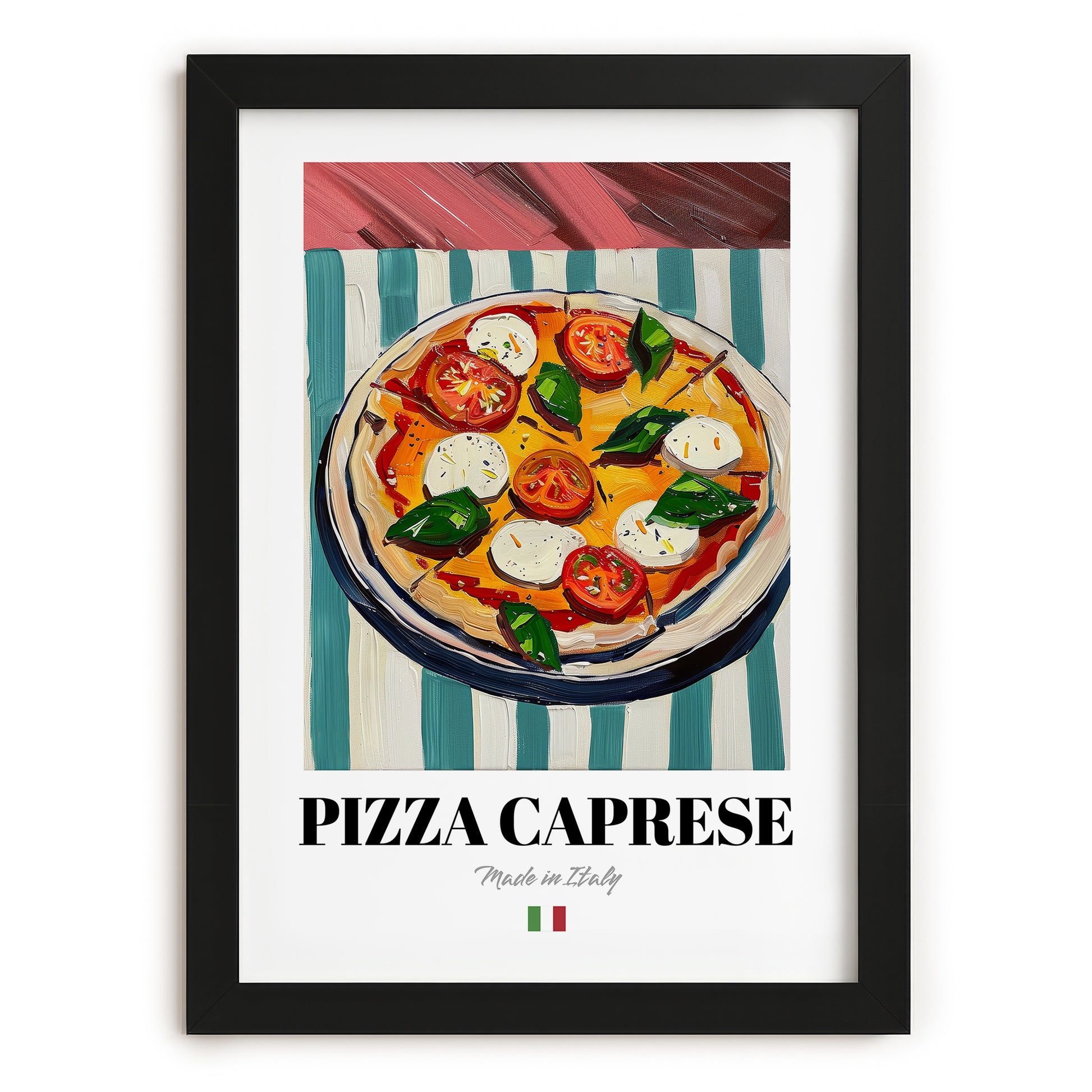 Pizza Caprese – Italian Pizza, Trattoria Illustration, in sleek black frame