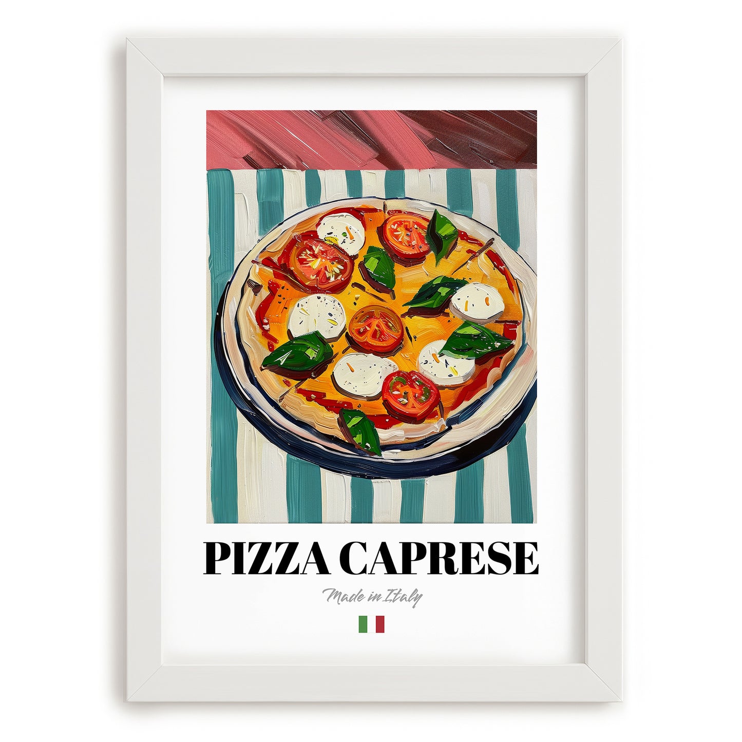 Pizza Caprese – Italian Pizza, Trattoria Illustration, placed in minimal white frame