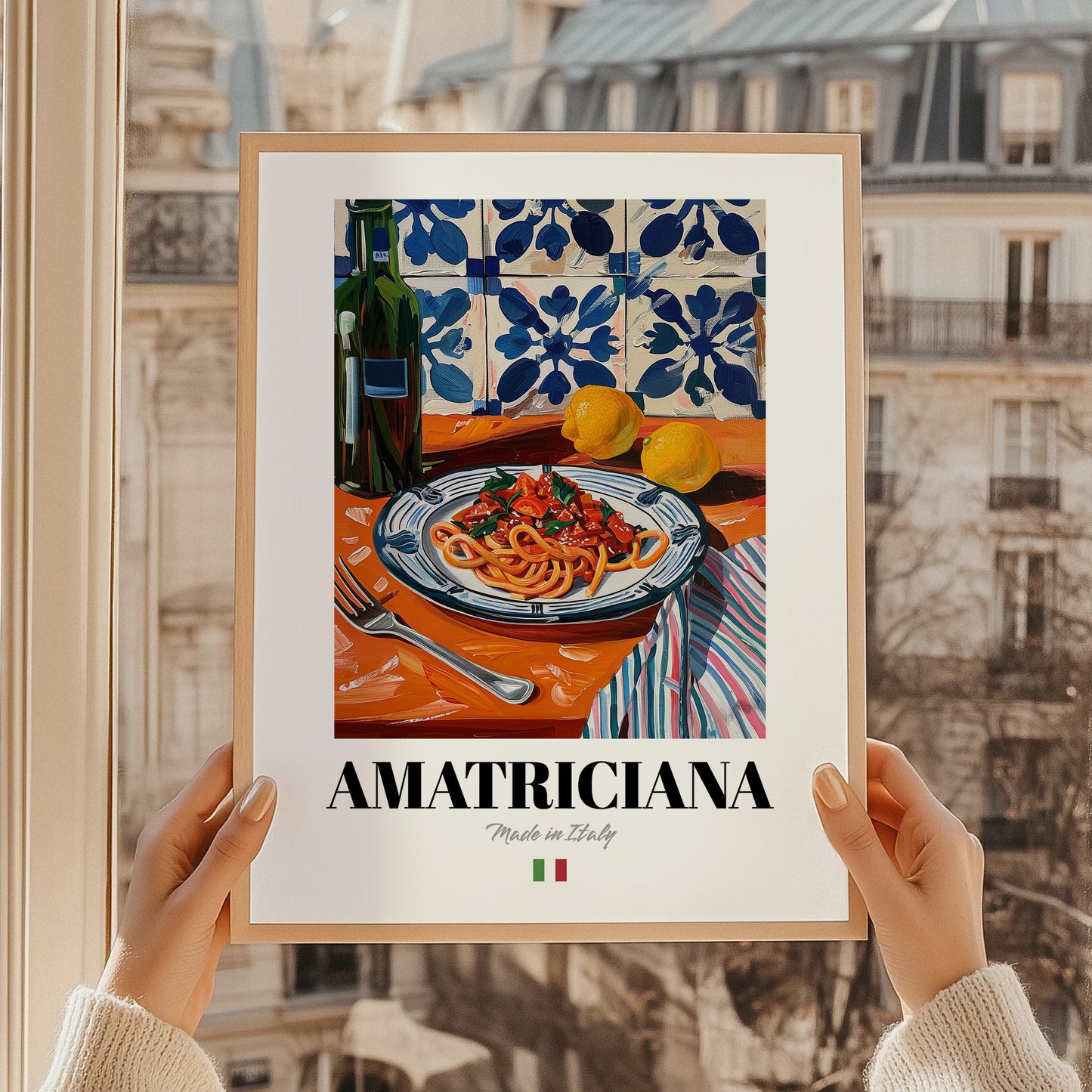 Amatriciana – Italian Pasta, Trattoria Illustration, styled in a charming Paris street view
