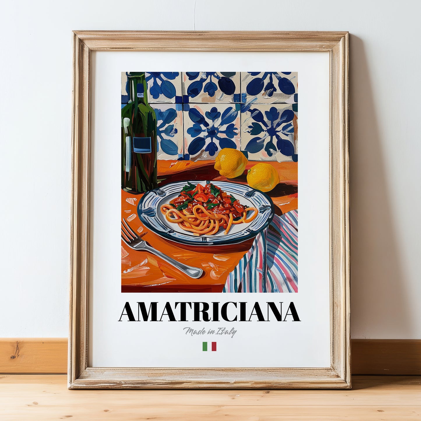 Amatriciana – Italian Pasta, Trattoria Illustration, in wooden frame leaning on the floor