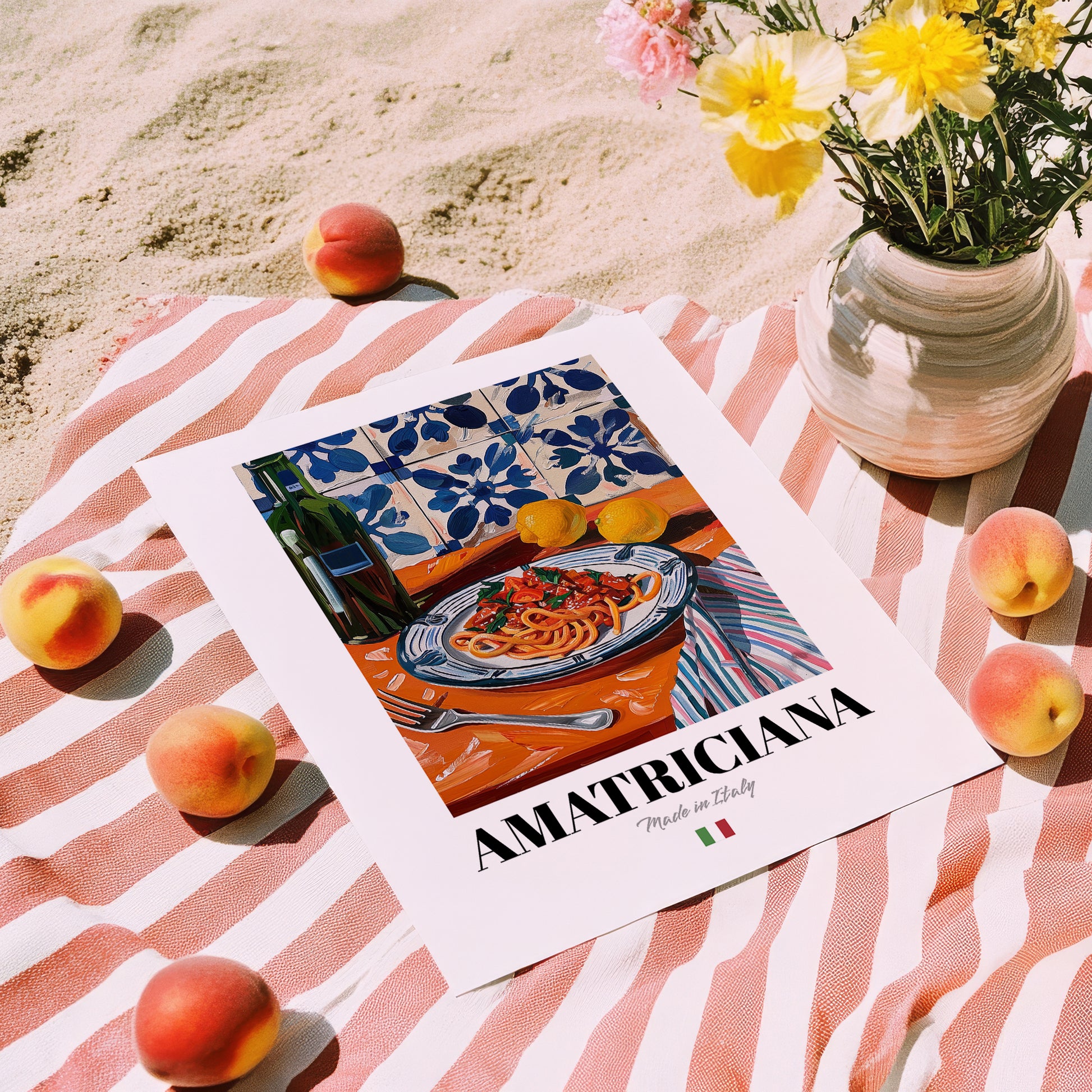 Amatriciana – Italian Pasta, Trattoria Illustration, unframed on coastal sand
