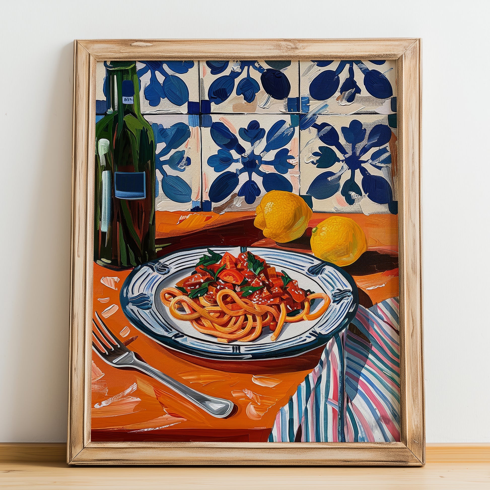 Amatriciana – Italian Pasta, Trattoria Illustration, no-text version framed in wood