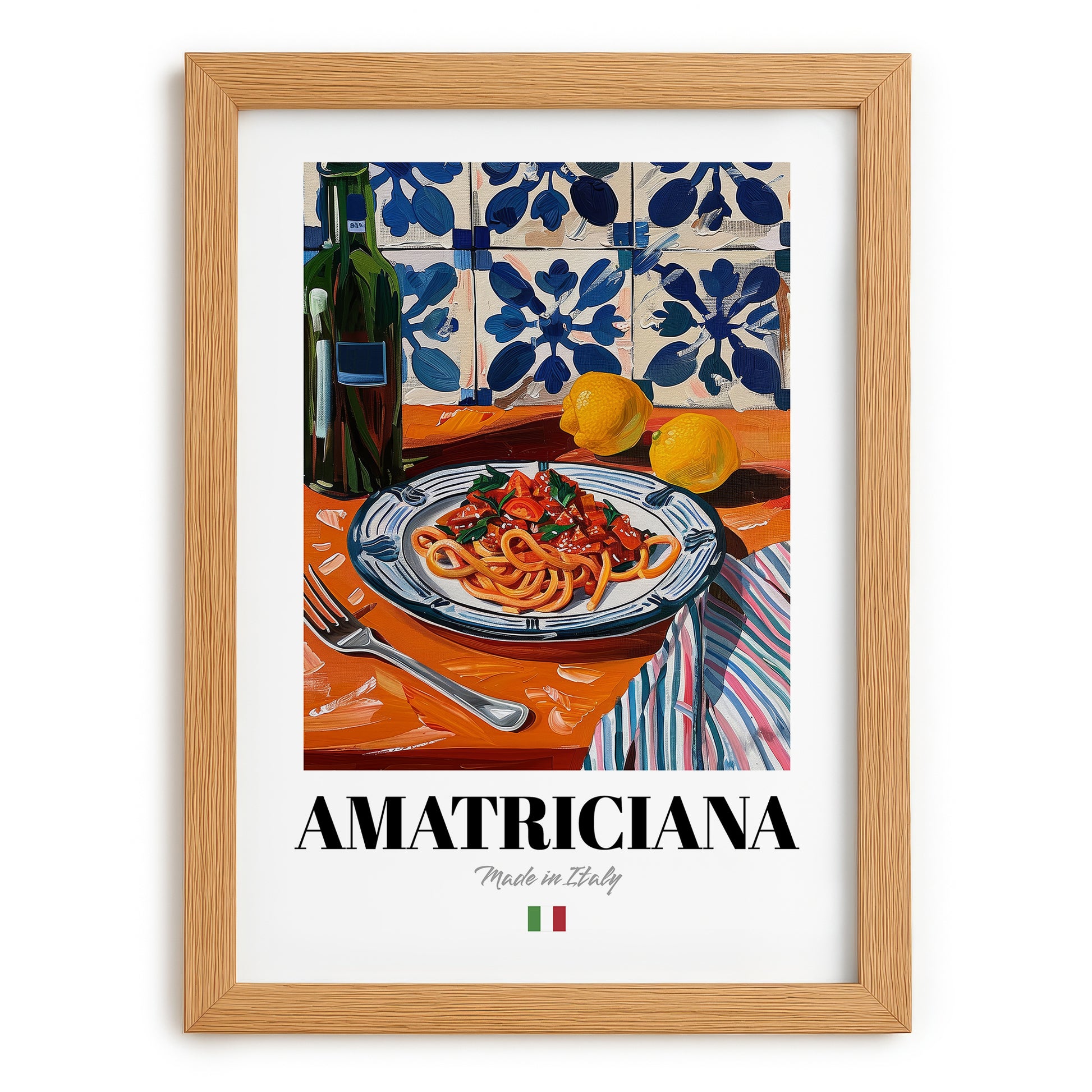 Amatriciana – Italian Pasta, Trattoria Illustration, set in oak frame
