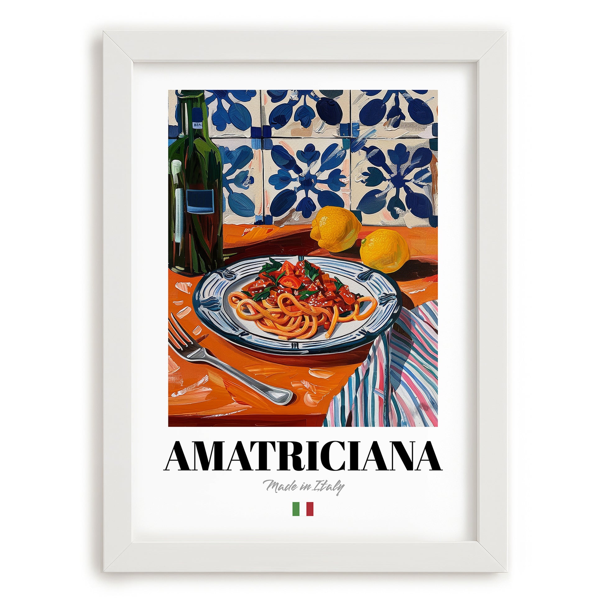Amatriciana – Italian Pasta, Trattoria Illustration, placed in minimal white frame