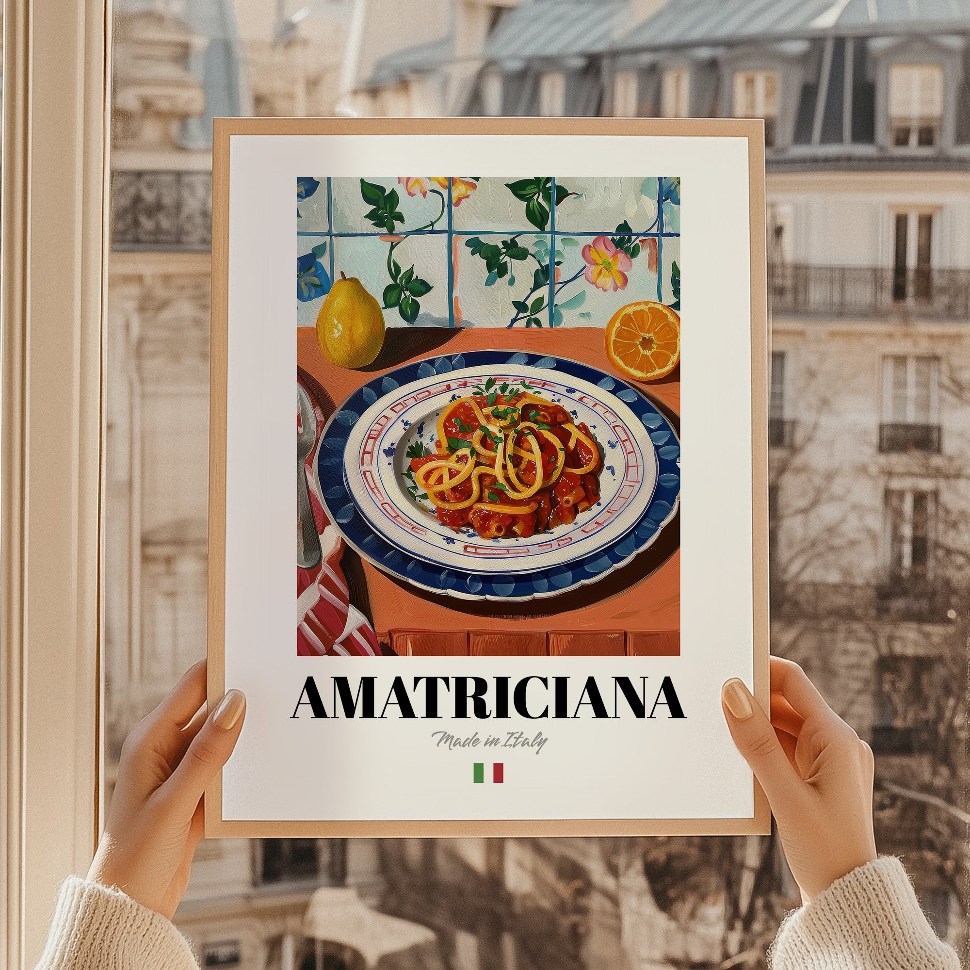 Amatriciana – Italian Pasta, Trattoria Still Life, styled in a charming Paris street view
