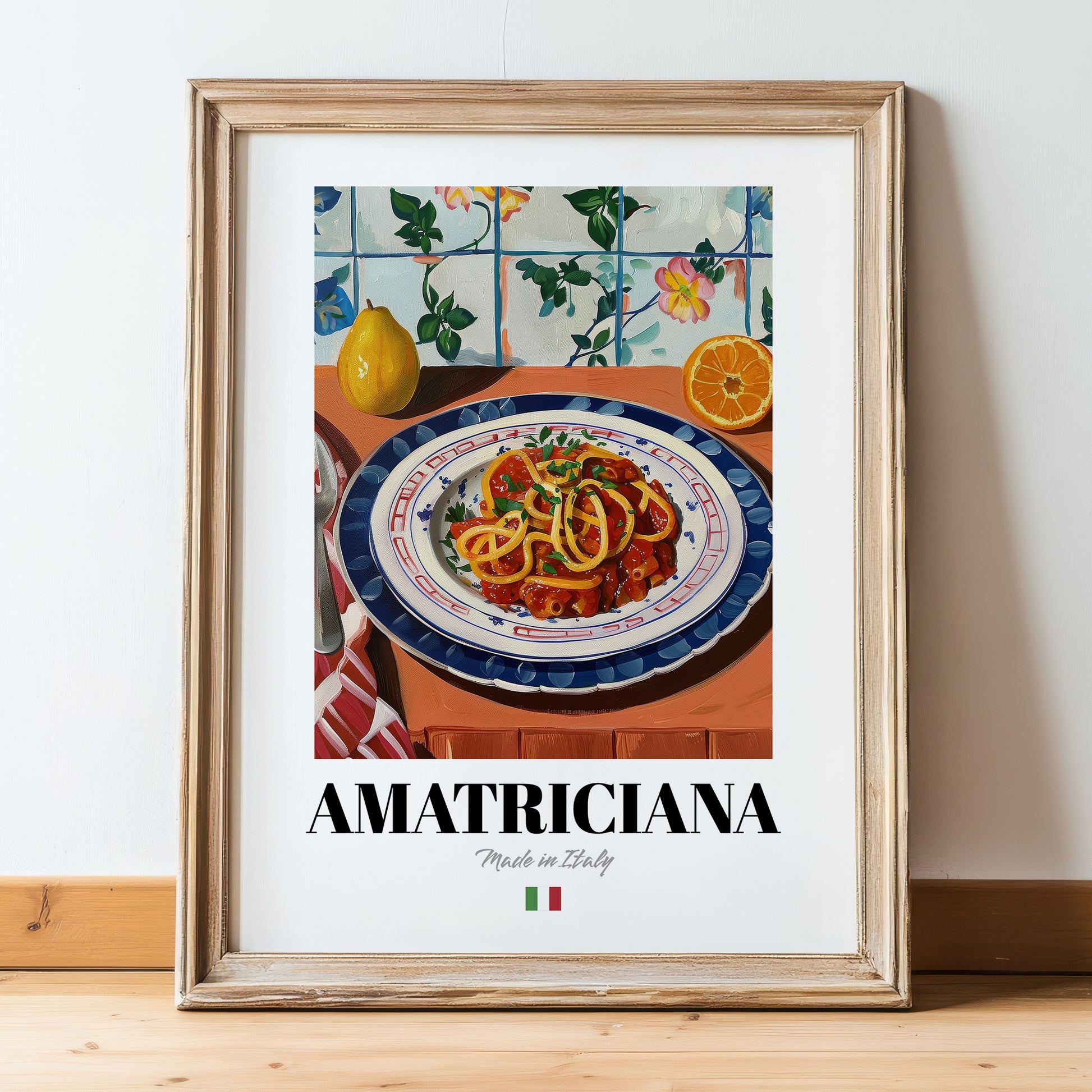 Amatriciana – Italian Pasta, Trattoria Still Life, in wooden frame leaning on the floor