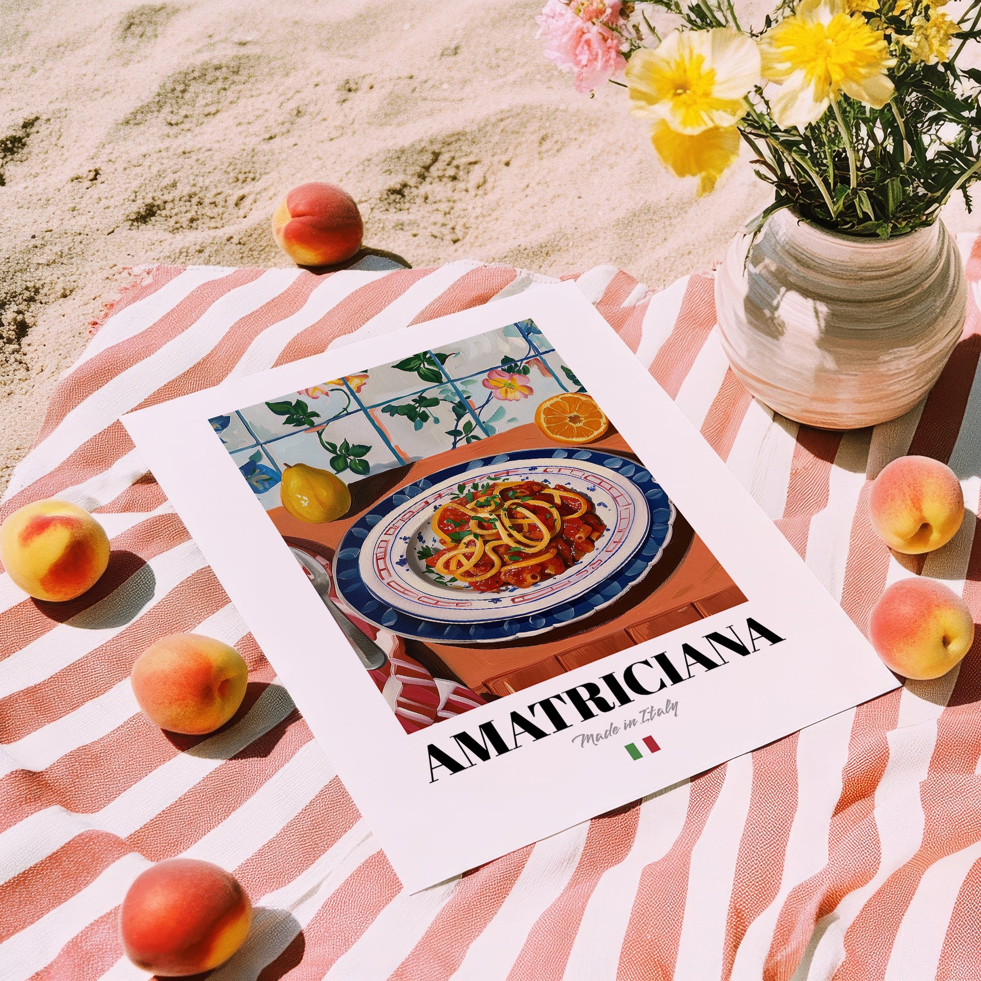 Amatriciana – Italian Pasta, Trattoria Still Life, unframed on coastal sand