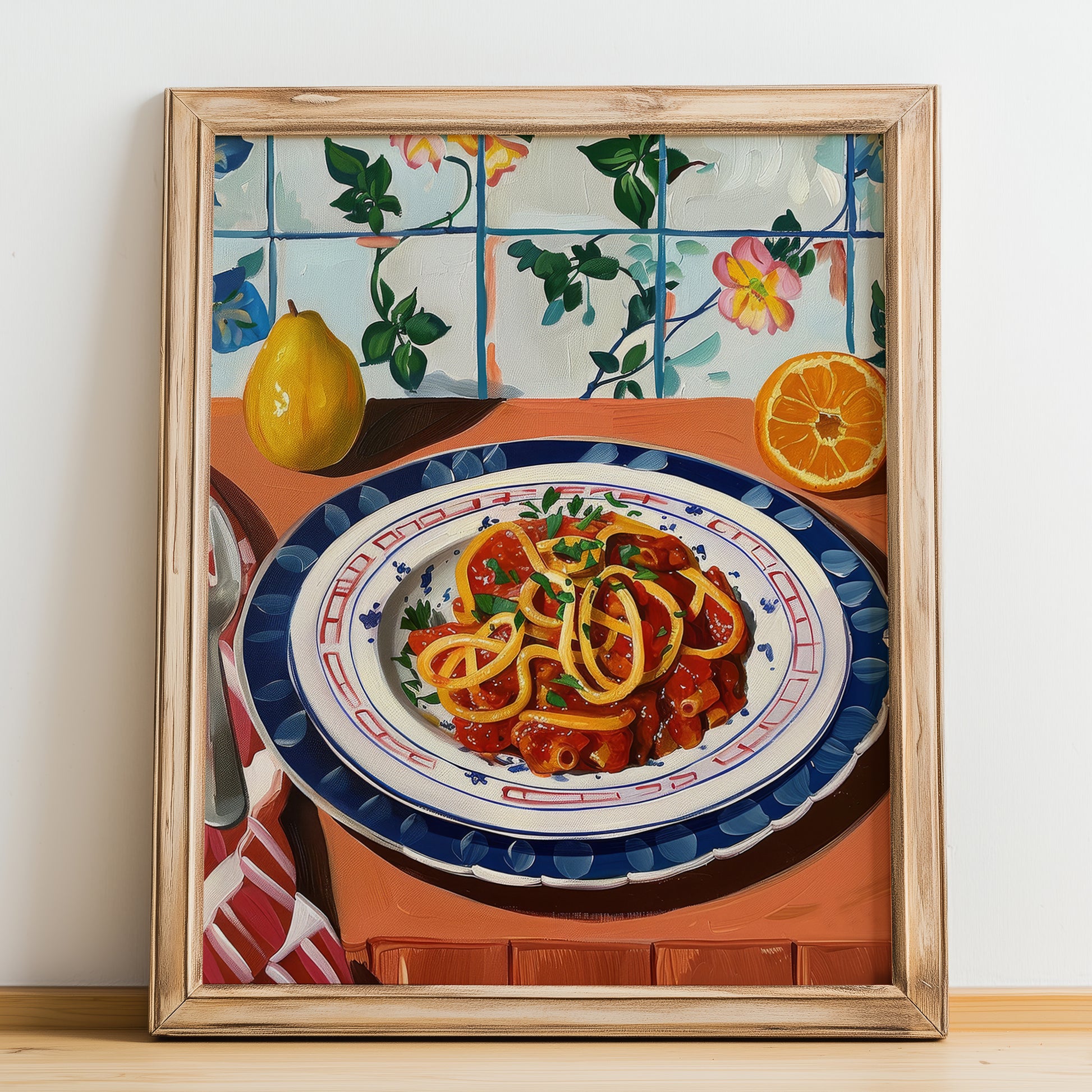 Amatriciana – Italian Pasta, Trattoria Still Life, no-text version framed in wood