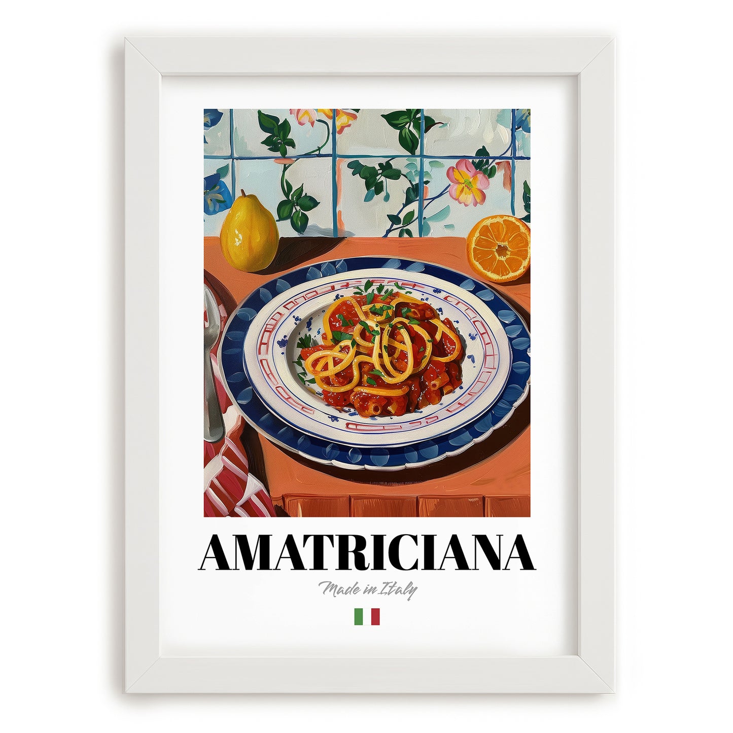 Amatriciana – Italian Pasta, Trattoria Still Life, placed in minimal white frame