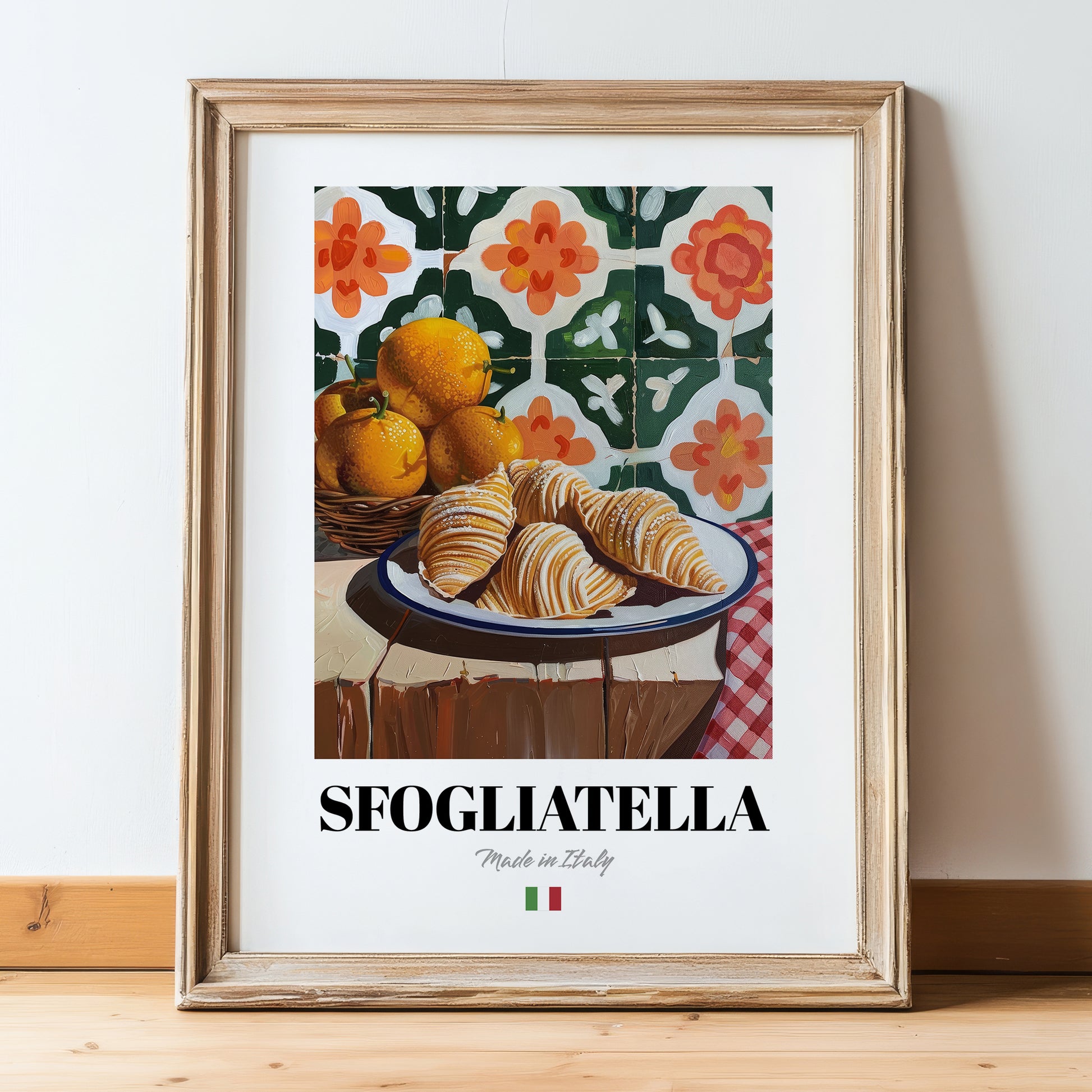 Sfogliatella – Italian Pastry Dish, Tavern Print, in wooden frame leaning on the floor