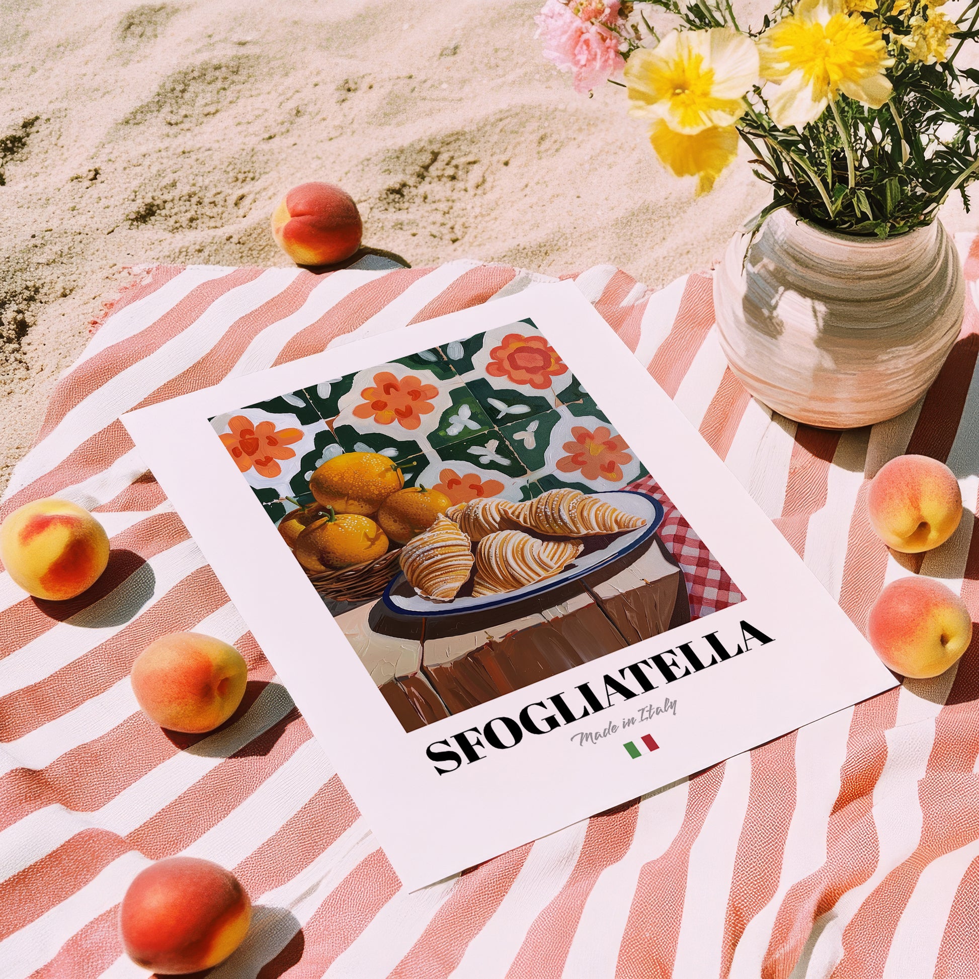 Sfogliatella – Italian Pastry Dish, Tavern Print, unframed on coastal sand