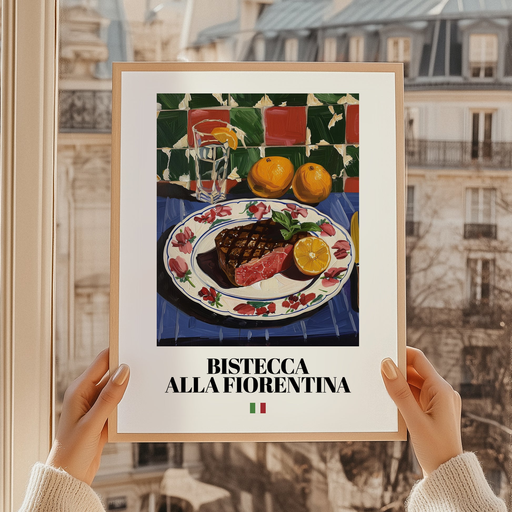 Bistecca alla Fiorentina – Italian Meat Dish, Café Poster, styled in a charming Paris street view