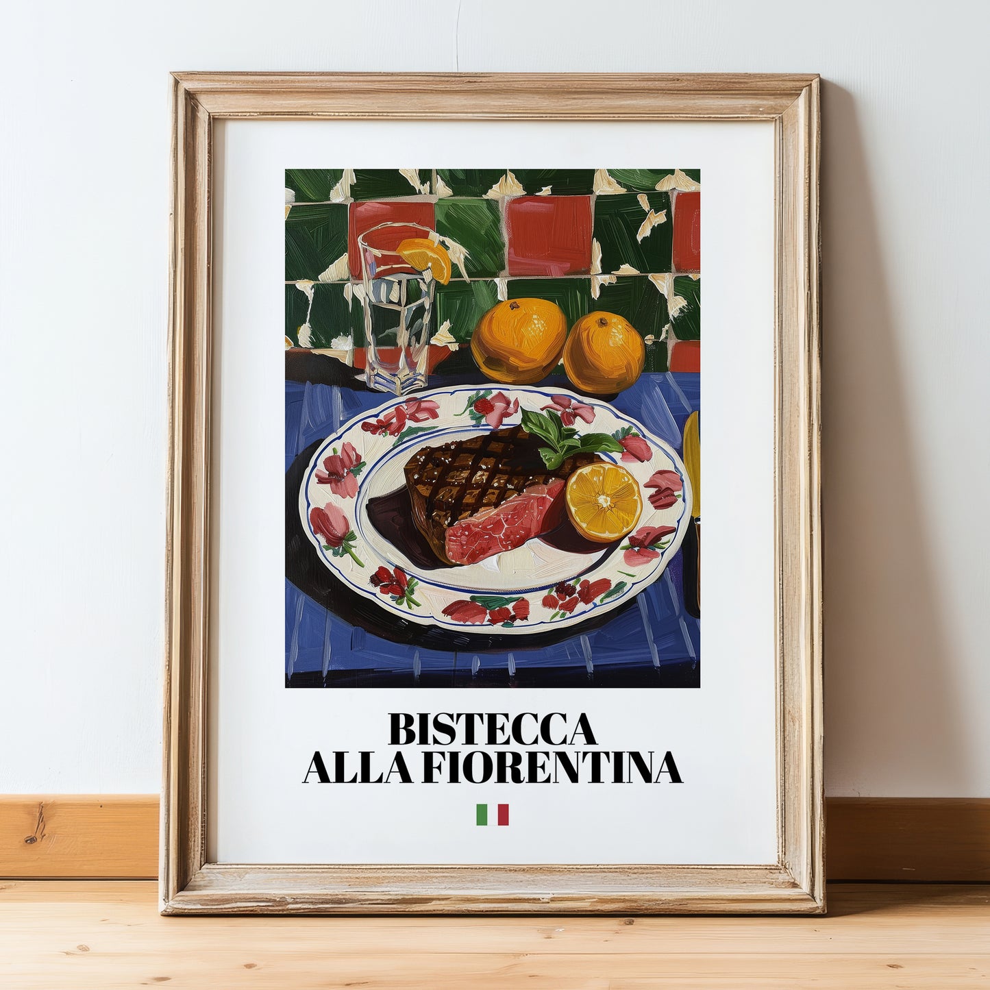 Bistecca alla Fiorentina – Italian Meat Dish, Café Poster, in wooden frame leaning on the floor